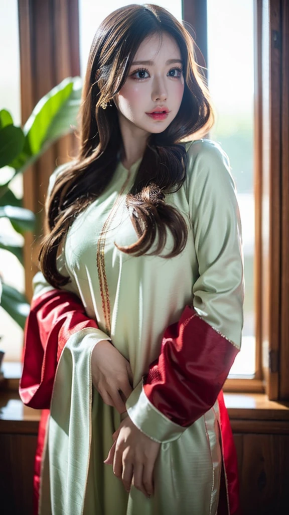 (((HD photo))), ultra high res.photorealistic:. 1.4, UHD1 girl,beautiful detailed eyes,beautiful detailed lips,extremely detailed face,long eyelashes,medium:oil painting,soft lighting,impressionistic style,red colors,beautifully shalwar kameez dressed,wistful expression,standing with one hand on the window frame,gentle breeze blowing her hair,warm sunlight streaming through the window,green plants visible outside the window,soft curtains framing the girl,peaceful atmosphere,serene and tranquil ambiance