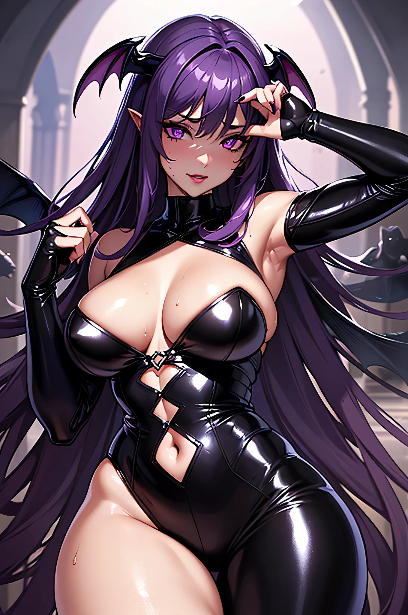 1 mature and seductive woman(Detailed Description,Incredibly absurd,High resolution,8k wallpaper,masterpiece,Highest quality,Depth of region,Anatomically accurate depiction,A face with attention to detail, Eye for detail,Perfect body,Two lovely hands, Five perfect fingers),(Glowing Skin、Shiny skin、Oilskin),(((Flying succubus))),latex,eyelash,Intensely glowing purple eyes,Large Breasts,Dark lipstick,Sweat,Spreading the devil's wings,background:Sky
