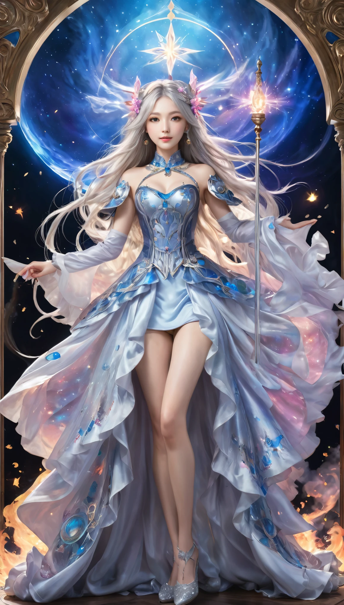 8K resolution, masterpiece, Highest quality, Award-winning works, unrealistic, From above, sole sexy lady, healthy shaped body, 22 years old, black mage, 165cm tall, huge firm bouncing busts,, white silver long wavy hair, Detailed facial depictions, Break, Mysterious blue eyes, Standard nose, Eyeliner, pink lips, sexy long legs, Clear skin, holy knight, Gothic ruffle long dress, A dress with a complex structure, Seven-colored colorful dress, Clothed in flames, royal coat of arms, elegant, Very detailed, Delicate depiction of hair, miniature painting, Digital Painting, artステーションコンセプトart, Smooth, Sharp focus, shape, artジャム、Greg Rutkowski、Alphonse Mucha、William Adolphe Bouguereau、art：Stephanie Law , Royal Jewel, nature, Symmetric, Greg Rutkowski, Charlie Bowwater, Unreal, Surreal, Dynamic Lighting, ファンタジーart, Complex colors, Colorful magic circle, flash, dynamic sexy poses, A kind smile, Mysterious Background, Aura, A gentle gaze, BREAK, Small faint lights and flying fireflies, night, lanthanum, 山の頂From above下界を見下ろす, Starry Sky, milky way, nebula, shooting star