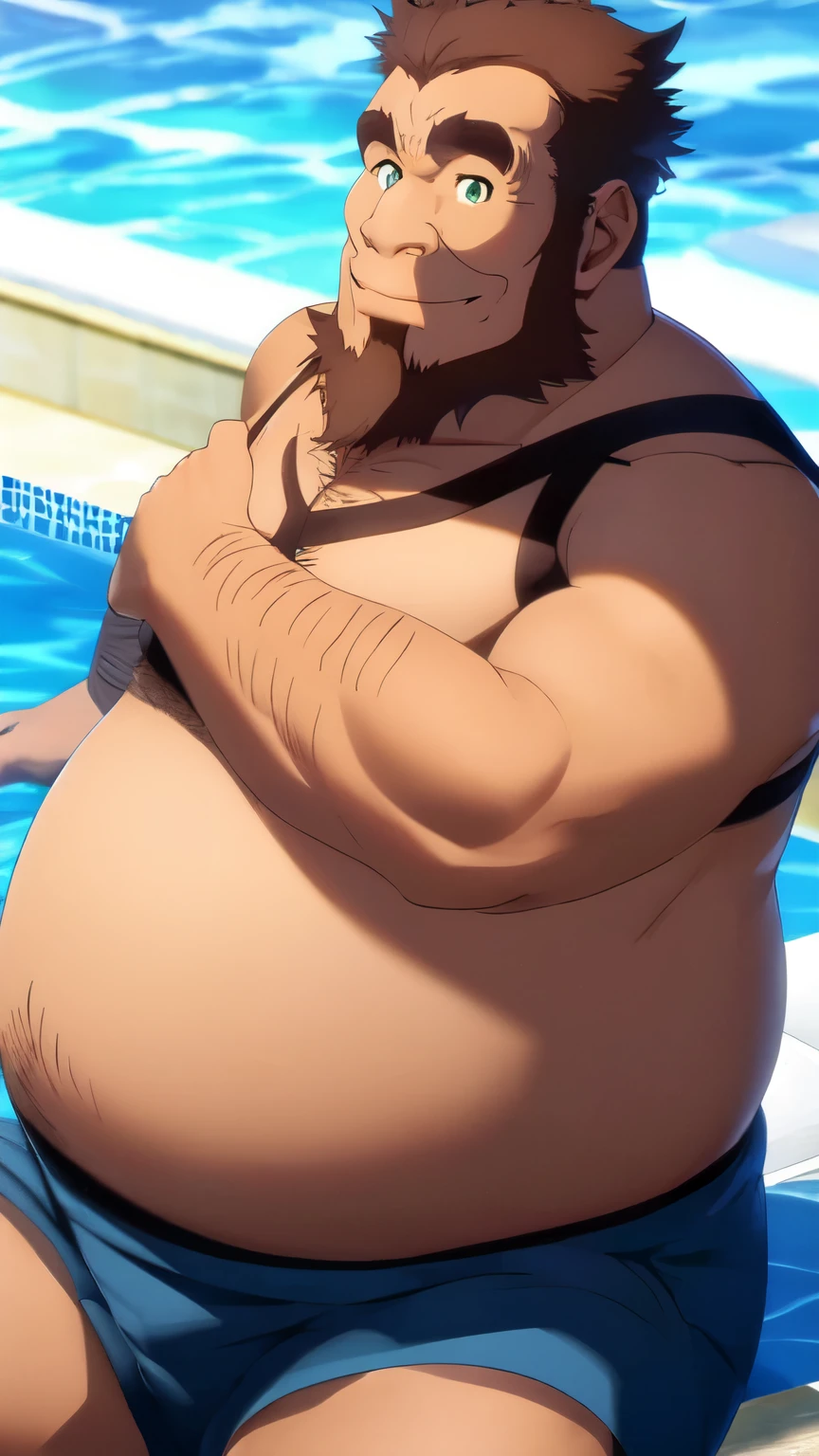 umiyan, guden gousuke, old man, smile, jolly, sitting in the pool, summer, bare stomach, hands rubbing belly, blue shorts, portrait, parted lips, best quality, brown hair, fat man, masterpiece, extremely detailed, sideburns, green eyes, facial hair, body hair, beard, thick eyebrows, fat belly, round belly, plump belly, big belly, belly button, thick arms, broad shoulders