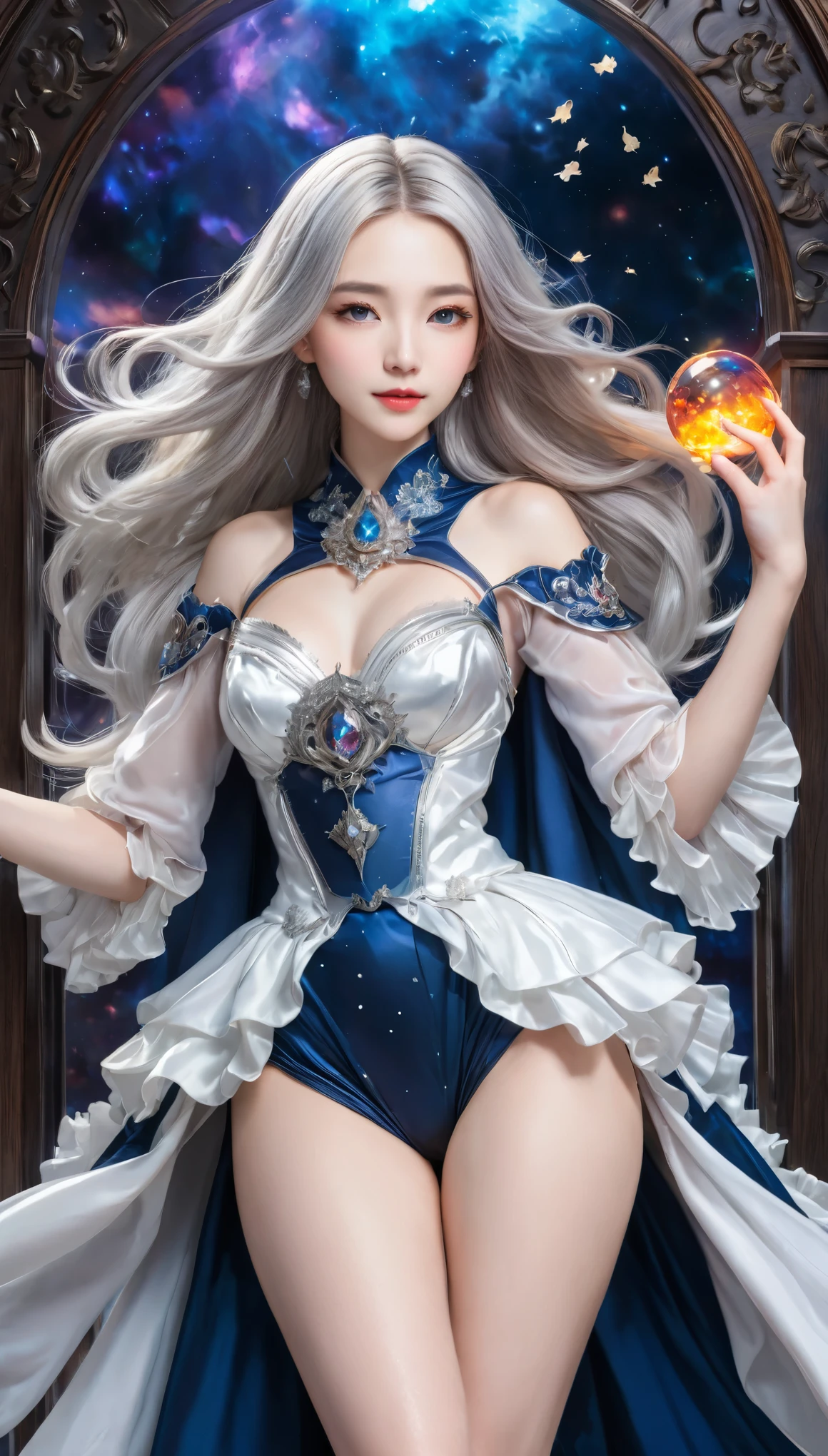 8K resolution, masterpiece, Highest quality, Award-winning works, unrealistic, From above, sole sexy lady, healthy shaped body, 22 years old, black mage, 165cm tall, huge firm bouncing busts,, white silver long wavy hair, Detailed facial depictions, Break, Mysterious blue eyes, Standard nose, Eyeliner, pink lips, sexy long legs, Clear skin, holy knight, Gothic ruffle long dress, A dress with a complex structure, Seven-colored colorful dress, Clothed in flames, royal coat of arms, elegant, Very detailed, Delicate depiction of hair, miniature painting, Digital Painting, artステーション, コンセプトart, Smooth, Sharp focus, shape, artジャム、Greg Rutkowski、Alphonse Mucha、William Adolphe Bouguereau、art：Stephanie Law , Royal Jewel, nature, Symmetric, Greg Rutkowski, Charlie Bowwater, Unreal, Surreal, Dynamic Lighting, ファンタジーart, Complex colors, Colorful magic circle, flash, dynamic sexy poses, A kind smile, Mysterious Background, Aura, A gentle gaze, BREAK, Small faint lights and flying fireflies, night, lanthanum, 山の頂From above下界を見下ろす, Starry Sky, milky way, nebula, shooting star