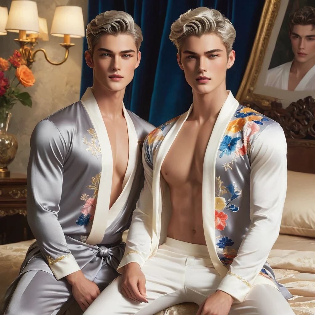 In this breathtaking artwork, miniature doll-sized male models, inspired by the iconic supermodels Sean O’Pry and Lucky Blue Smith, take center stage in a vibrant scene reminiscent of a Ken doll fantasy. With jointed doll features and porcelain-like skin, these charming figures boast an irresistible blend of sophistication and natural beauty.
Sporting short silver-gray undercut hairstyles, Standing adorned in a white top t-shirt with sweatpants with semi bulge, an embroidery-detailed kimono robe, he exudes sophistication and elegance against the backdrop of a luxury bedroom. The room is adorned with 1915 Oriental theme, surrounded by luxury exotic furniture, velvet drape curtains, and colorful wildflowers, creating a vibrant and enchanting atmosphere.
Captured from a dynamic angle, over shoulder look photo showcases the models amidst the meticulously arranged Employing three-point lighting and incorporating 3D animation shadows, the photographer enhances the models' features, resulting in an image of unparalleled realism and detail.
using a Canon EOS R6 and Sigma AF 24mm F1.4 EX DG HSM lens by Thomas Synnamon, the focus of the photo is on his captivating presence and the intricate details of the surroundings, Utilize natural soft lighting, casting gentle highlights and shadows that accentuate the contours of his face and body, The light creates a warm intimate atmosphere with a soft golden tone that enhances his skin,
With its dramatic composition and seductive lighting, this masterpiece invites viewers to immerse themselves in a world of charm and sophistication. It celebrates the beauty of the male form while capturing the essence of a fun-filled day, where joy and relaxation abound.