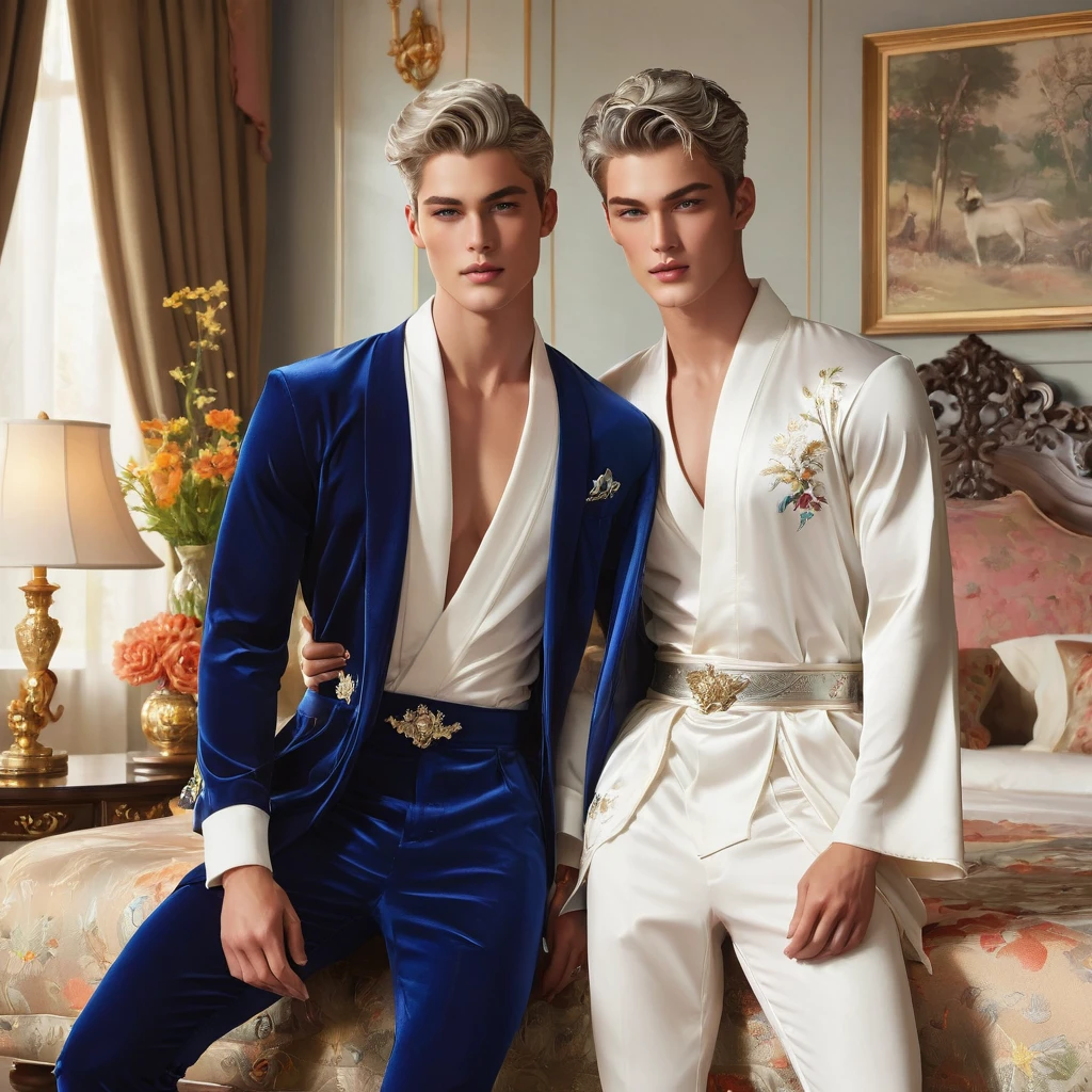 In this breathtaking artwork, miniature doll-sized male models, inspired by the iconic supermodels Sean O’Pry and Lucky Blue Smith, take center stage in a vibrant scene reminiscent of a Ken doll fantasy. With jointed doll features and porcelain-like skin, these charming figures boast an irresistible blend of sophistication and natural beauty.
Sporting short silver-gray undercut hairstyles, Standing adorned in a white top t-shirt with sweatpants with semi bulge, an embroidery-detailed kimono robe, he exudes sophistication and elegance against the backdrop of a luxury bedroom. The room is adorned with 1915 Oriental theme, surrounded by luxury exotic furniture, velvet drape curtains, and colorful wildflowers, creating a vibrant and enchanting atmosphere.
Captured from a dynamic angle, over shoulder look photo showcases the models amidst the meticulously arranged Employing three-point lighting and incorporating 3D animation shadows, the photographer enhances the models' features, resulting in an image of unparalleled realism and detail.
using a Canon EOS R6 and Sigma AF 24mm F1.4 EX DG HSM lens by Thomas Synnamon, the focus of the photo is on his captivating presence and the intricate details of the surroundings, Utilize natural soft lighting, casting gentle highlights and shadows that accentuate the contours of his face and body, The light creates a warm intimate atmosphere with a soft golden tone that enhances his skin,
With its dramatic composition and seductive lighting, this masterpiece invites viewers to immerse themselves in a world of charm and sophistication. It celebrates the beauty of the male form while capturing the essence of a fun-filled day, where joy and relaxation abound.