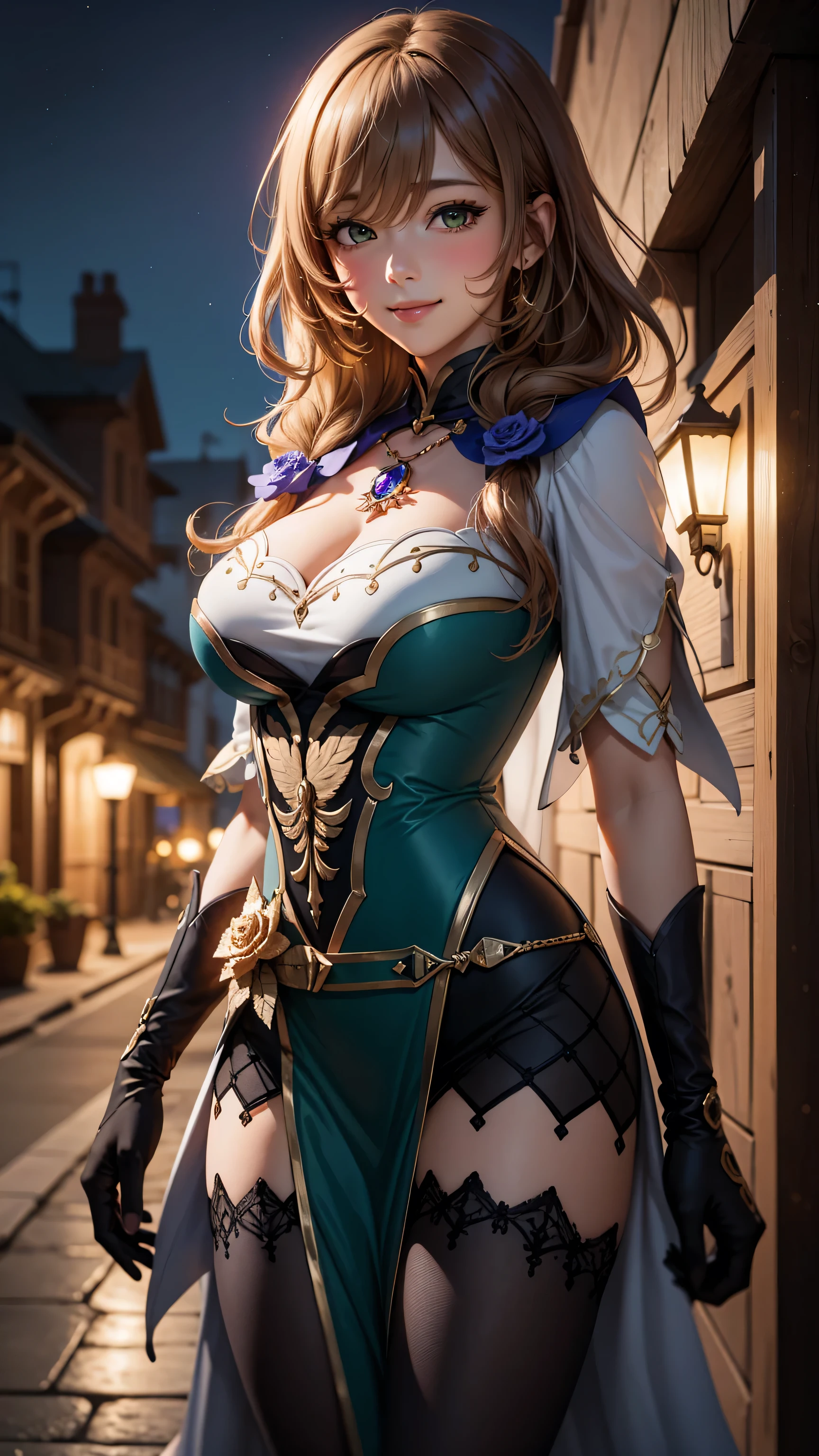 Masterpiece, high quality, 8k,detailed body, ultra detailed, detailed face, standing, blush, bright eye, outdoor, (face detail), additional definition, (giant breasts),(evening), Half body, SMILE,