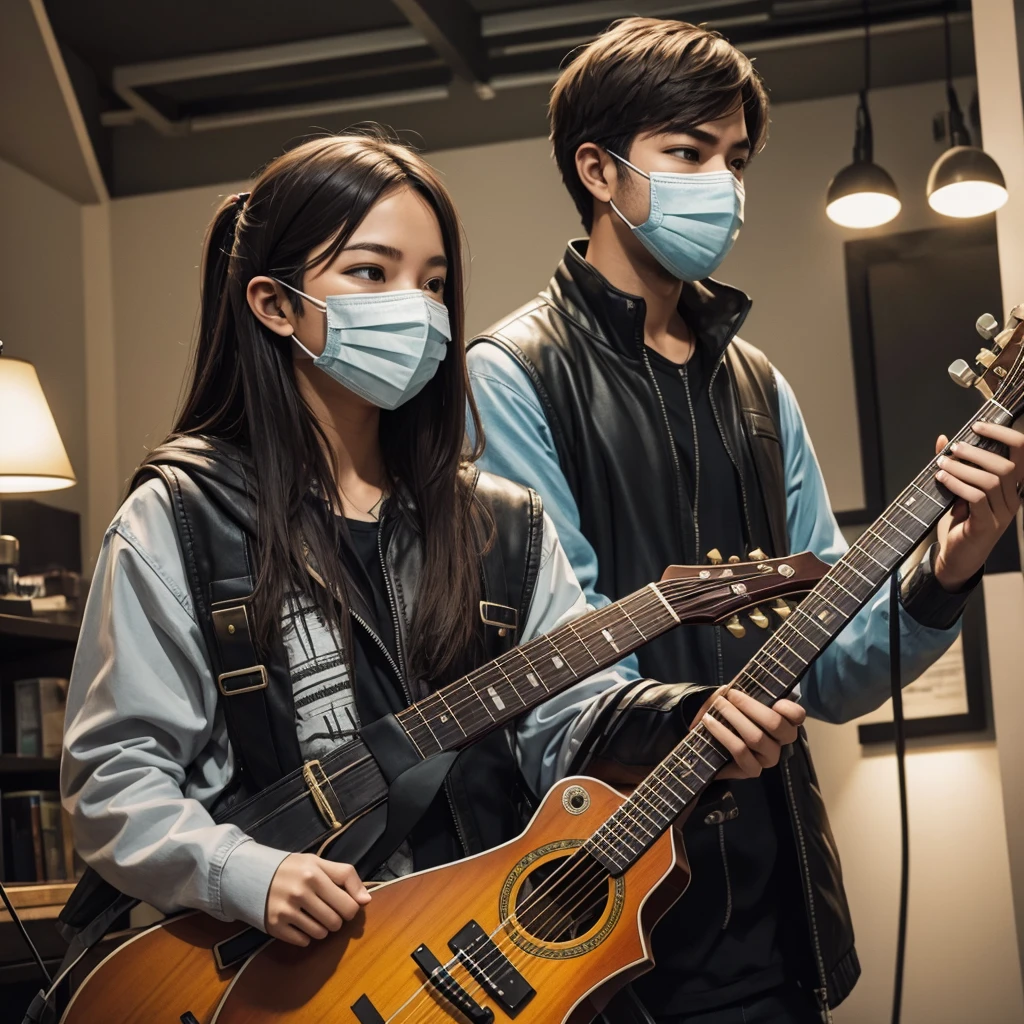 People with mask and Arrow shape guitar 