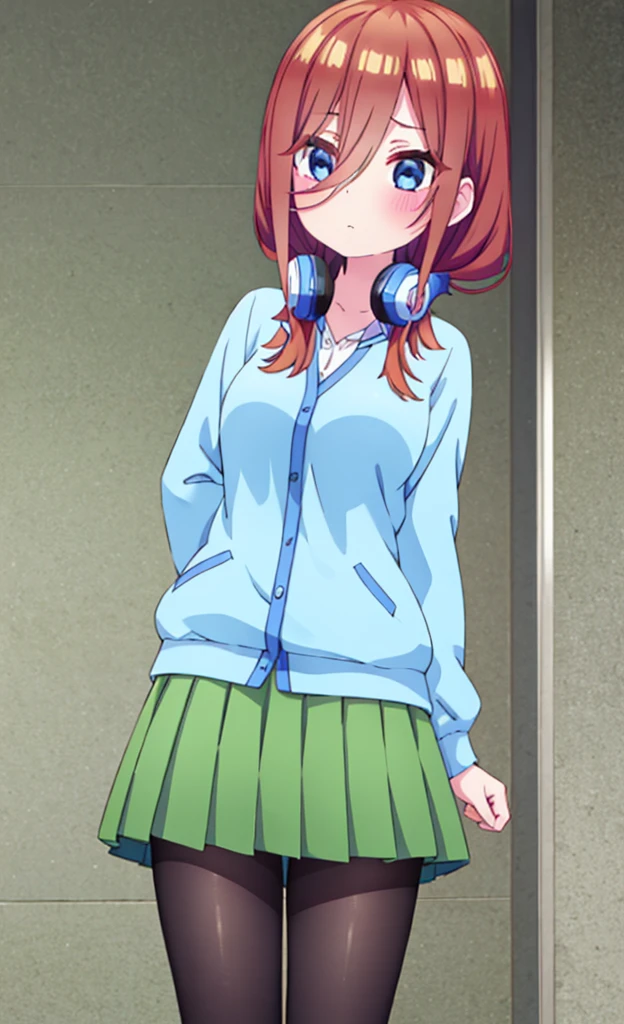 masterpiece,Highest quality,1 Girl,alone,blush with embarrassment,Pokémon-like art style,(bold:1.6),(flat:1.5), miku nakano, LONG HAIR, bangs, blue eyes, BROWN HAIR, SHIRT, HAIR BETWEEN EYES, HEADPHONES, HEADPHONES AROUND NECK,
SKIRT, SHIRT, LONG SLEEVES, WHITE SHIRT, PANTYHOSE, PLEATED SKIRT, BLACK PANTYHOSE, cardigan, GREEN SKIRT, BLUE cardigan, Big Breasts