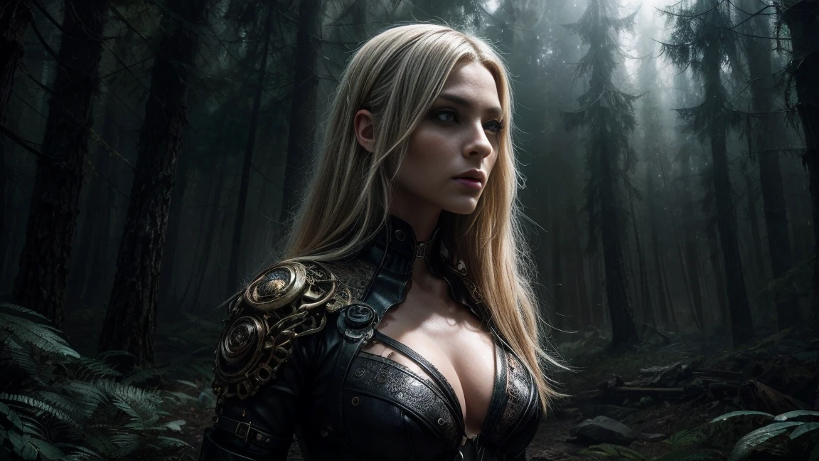 Create the fullbody cyborg image of a portlate, cosplay, Blonde Hair, steampunk, cyberpunk, noble and elegant girl, Beautiful alluring colorless eyes, A Cyborg Female with a refined and elegant appearance, she has a lot of time, Loose hair and angular features, her skin should be pale and flawless, With a touch of potus transcendental beauty, her eyes should be deep and seductive, With a predatory glow, An allusion to their insatiable bloodlust, (They have to wear sheer erotic clothes, That are transparent, modern and timeless), Her style refers to the long history of human life, When she wakes up from a deep sleep, she Should Exercise Calm Confidence, Exudes an aura of danger and intrigue, Cinematic, gothic art style, Ultra-realistic realism, Psychedelic surrealist art, Surreal psychedelic design, Dreaming style, psychedelic art, Quality Quantity, skin texture, intricate details, (cinematic graphic lighting), RAW, 8K, Forest Environment, Stormy Clouds in the Sky, Creature Shadows inside the Forest