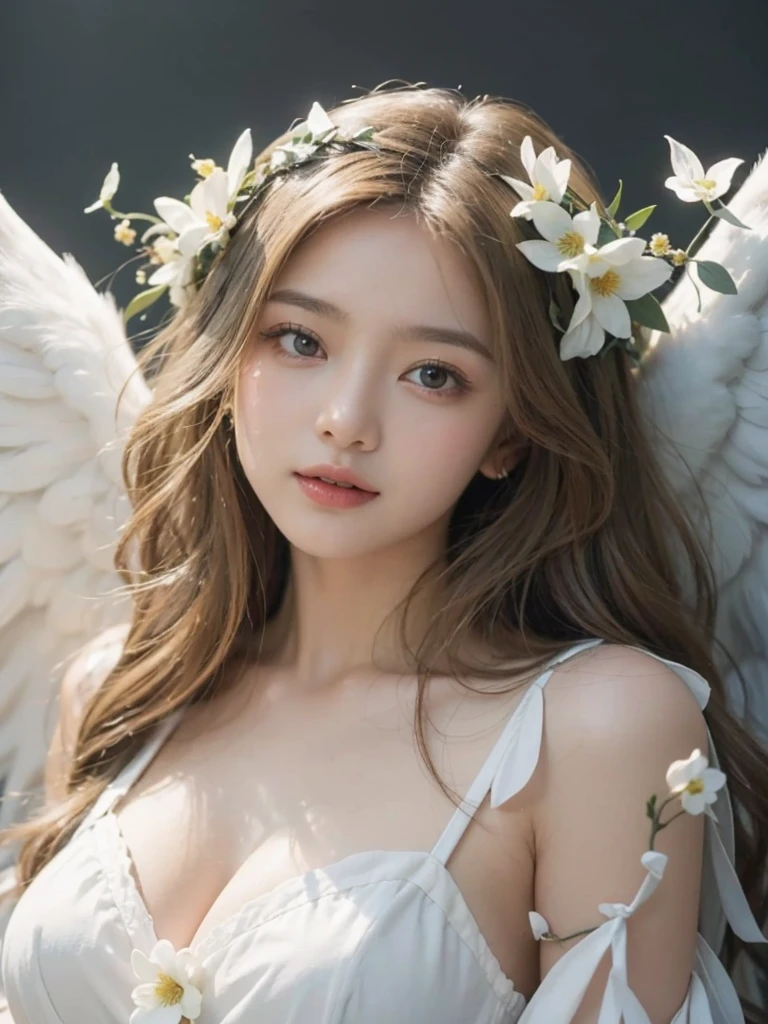 Woman with white wings and flowers in her hair, 美しいAngelic少女の, Beautiful angel, 美しいAngelic少女の肖像画, 美しいAngelic肖像画, Beautiful woman angel, Angelic少女, 美しいAngelic, Angelic羽を持つ少女, Angelic face, Angelic, Winged girl angel, 美しいAngelic羽, Beautiful digital artwork, Angelic, Angel themed