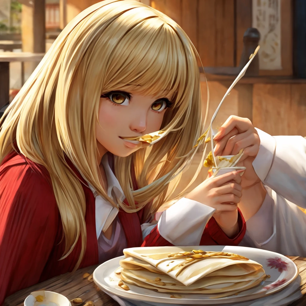 Blonde woman white tea crepe eating hot dig
