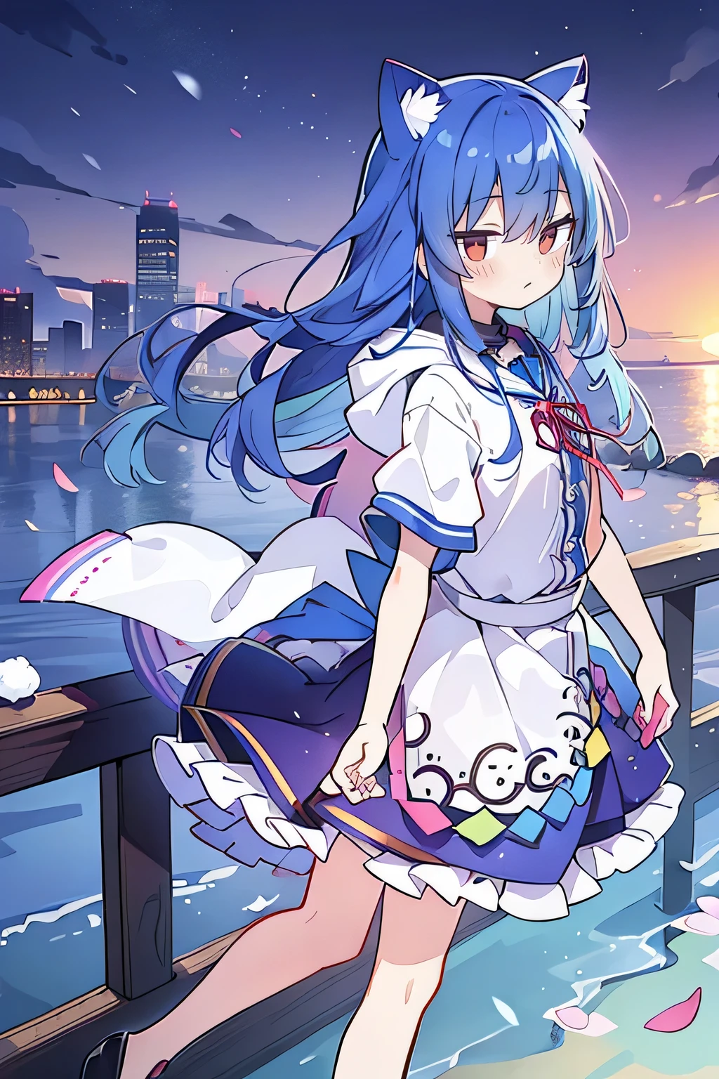 (masterpiece:1.2),Super detailed,lifelike,Expressive eyes,fair skin,perfect face shape,1 girl,
Japanese comics,Gorgeous blue hair,flowing blue hair,flowing clothes,Cat ears,Petals fall,beautiful lola,Baby Angel,sunrise,
Shaking head with one hand,Cross your legs,Gentle and peaceful background,The pavilion is cool and comfortable,smile, wearing hoodie, background of tokyo,back views,snowing, winter,seaside,wet clothes,A smile,A faint smile,。