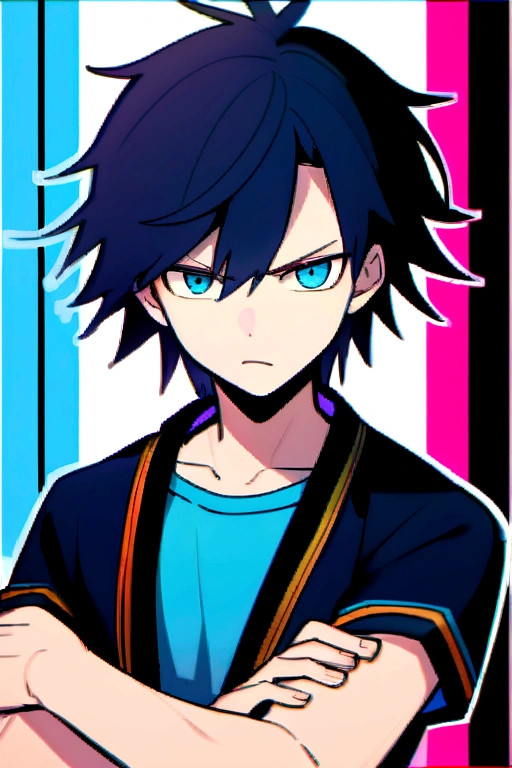 Teenage boy, Messy hair, Medium length hair, black hair with blue highlights, dark brown and blue eyes heterochromia, serious face, dark blue shirt, short sleeve loose jacket, crossed arms