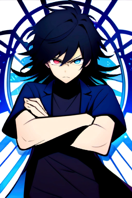 age boy, Messy hair, Medium length hair, black hair with blue highlights, dark brown and blue eyes heterochromia, serious face, dark blue shirt, short sleeve loose jacket, crossed arms