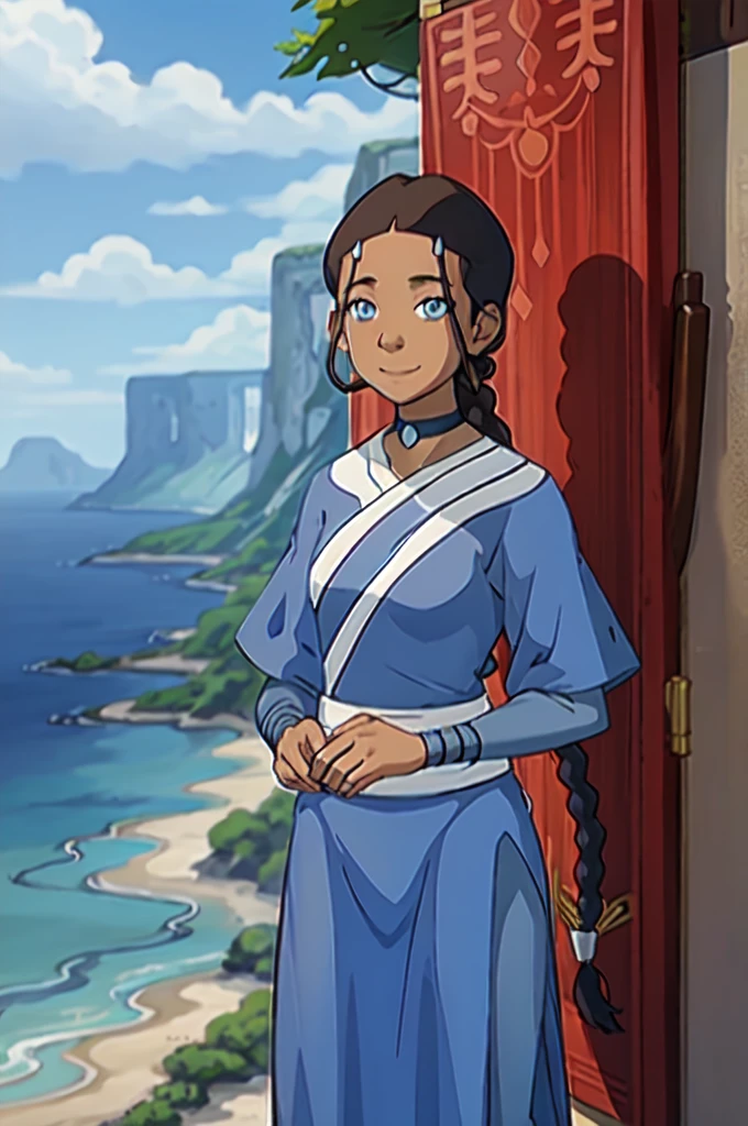 realistic, photo, 1girl, dark skin, dark-skinned female, blue eyes, braid, choker, jewelry, looking at viewer, smile,  waterbending, naked, katara, 