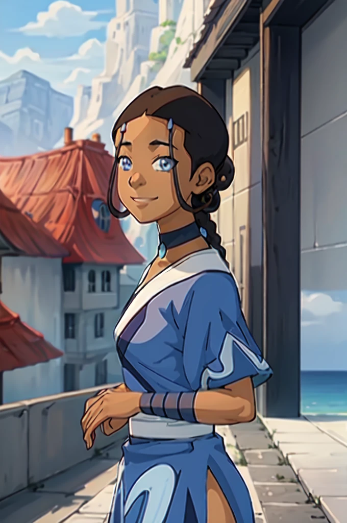 realistic, photo, 1girl, dark skin, dark-skinned female, blue eyes, braid, choker, jewelry, looking at viewer, smile, waterbending, naked, katara,