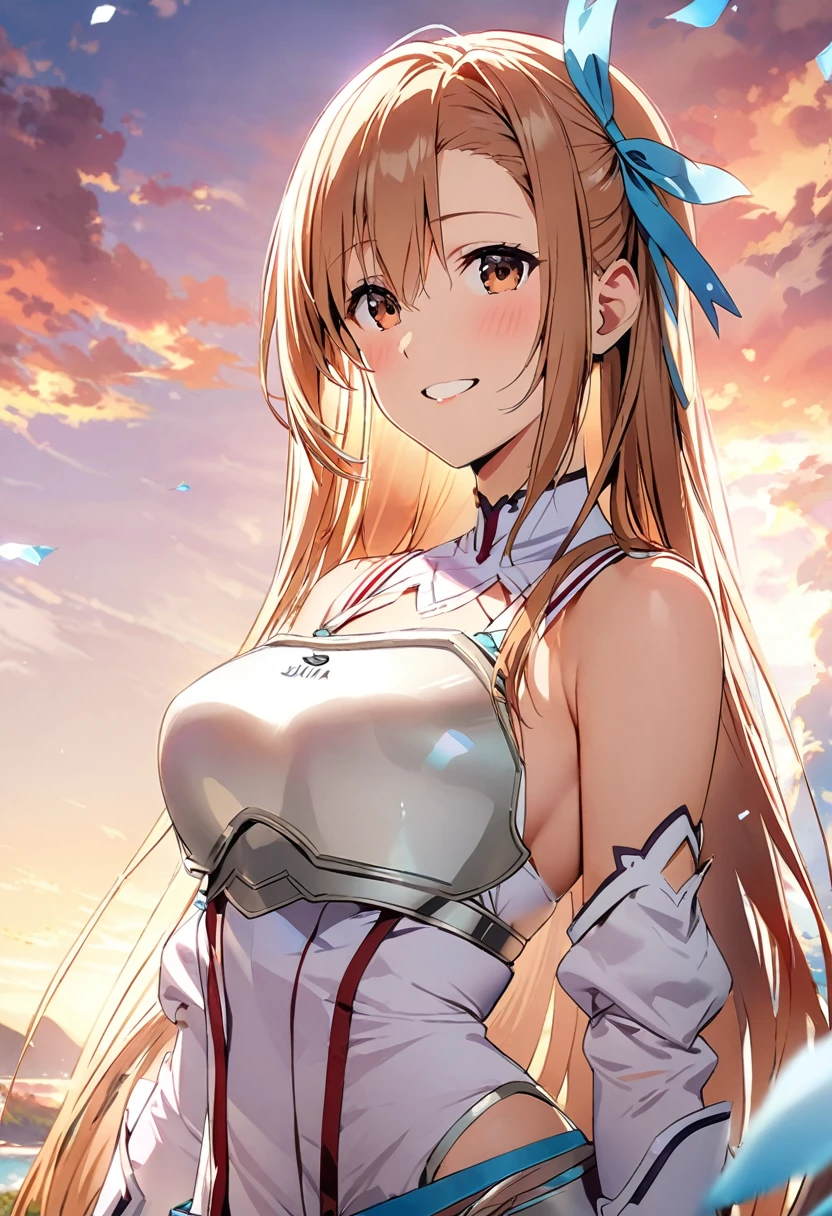 ((masterpiece)), Highest quality, Very detailed,(One Girl),Yuuki asuna、asuna(stay), brown eyes, bare shoulders, breastplate, armor, detached sleeves, gloves, white gloves, (red and white dress), Long Hair, smile, Beautiful background ,Clothing, 