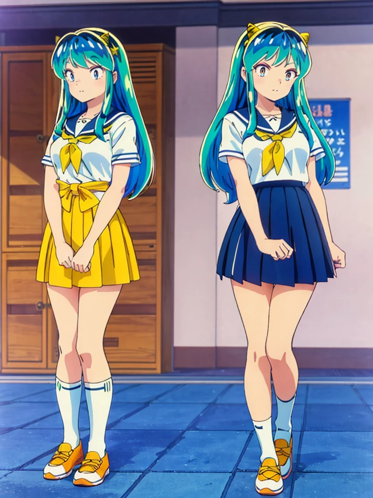 masterpiece, Highest quality, 1 Girl, Lum, Sailor suit, Summer clothes, Navy Blue Skirt, uniform, anime, Charm, 18-year-old, sexy, Stand with your feet apart, Japan, High definition, From before, classroom, Green Hair, Cowboy Shot, smile, Yellow neckerchief, 1980年代animeスタイル, White socks, Orange sneakers