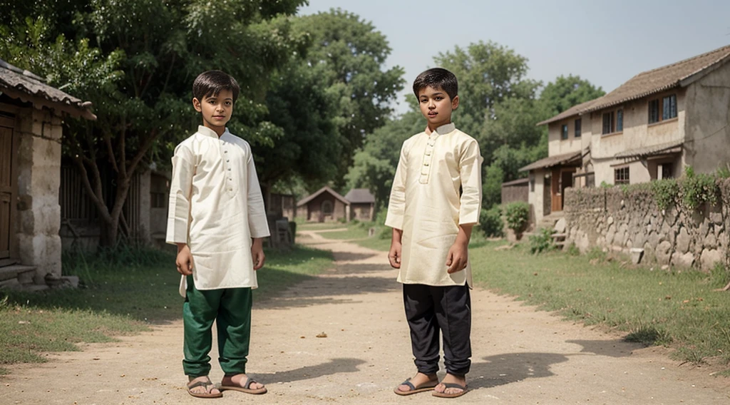 creating a high-quality animated image of two village boys with a beautiful village nature background: Two village boys around 10-, with distinct yet simple. wearing a traditional kurta and trousers