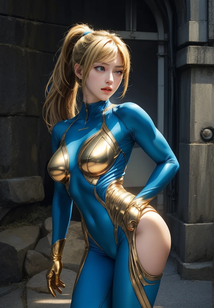 (anime,masterpiece, top quality, best quality,beautiful and aesthetic:1.2,professional illustrasion:1.1,ultra detail:1.3, official art, professional illustrasion, Ultra-detailed depiction, Ultra-precise depiction, extremely detailed 8k illustration, highres, ultra detailed painting, soft shadows), (girl), samus aran \(cosplay\), cool beauty, milf, glossy, (golden long hair), (ponytail), big breasts, perfect body, pubic hair, blue samus aran suit,