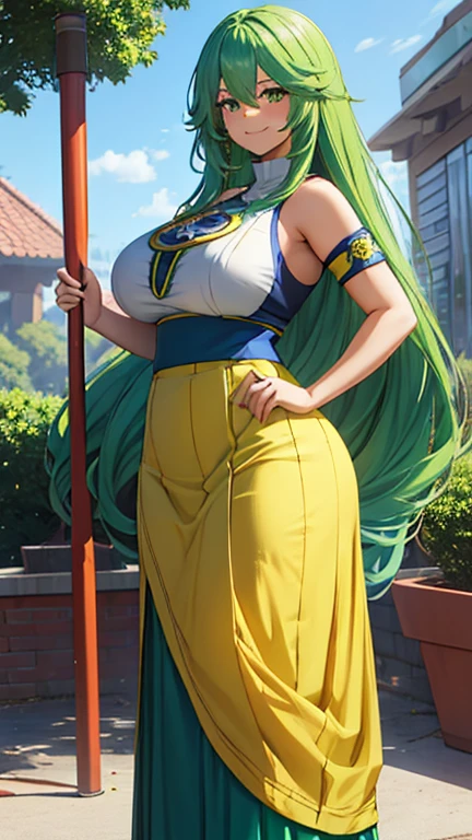 ANIME , high detailed
1 chunky girl, long hair, blue-green hair, yellow eyes, smile, busty, round buson, gorgeous chunky body, yellow Sattela' clothes, Very large blue Long skirt, large hammer in hands, smiling