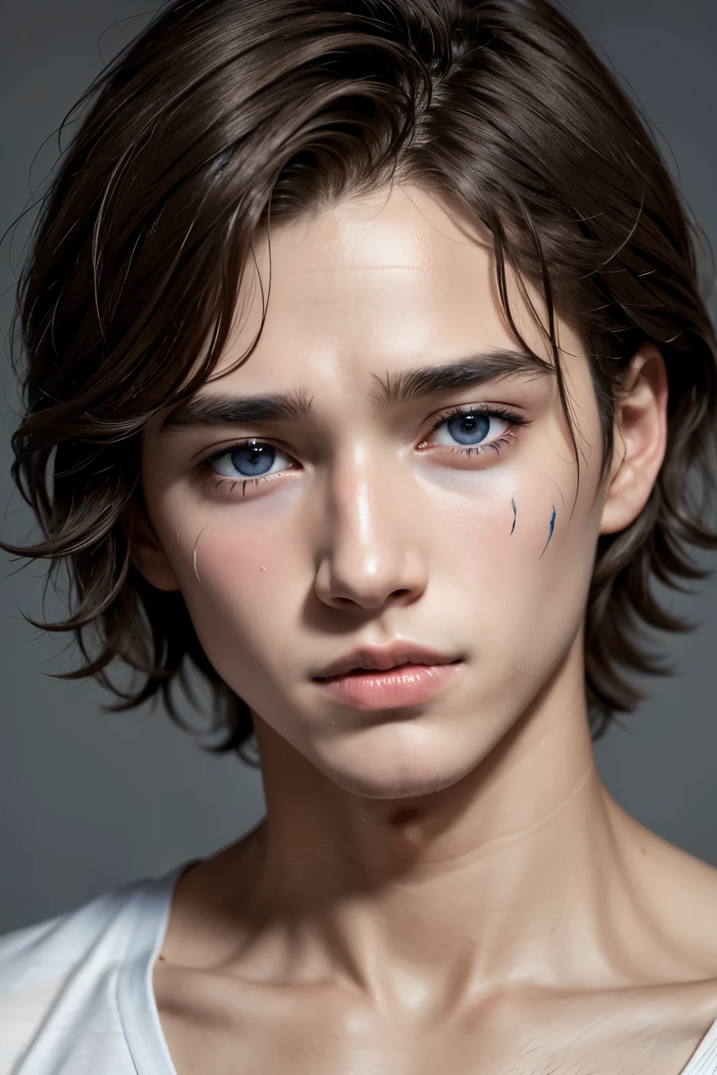 boy with messy brown hair, very messy hair, blue right eye and black left eye. delicate face, bruised face, face with scar on the cheek, thin nose and mouth.