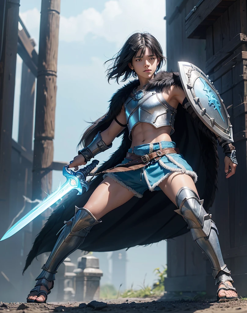 Young 13-year-old boy with black hair and brown eyes, innocent and happy, dressed in short neon-blue medieval barbarian clothes, fur shorts, light-blue battle armor, weilding silver sword and shield, sandals; fullbody; short hair, boyish athletic, sexy,