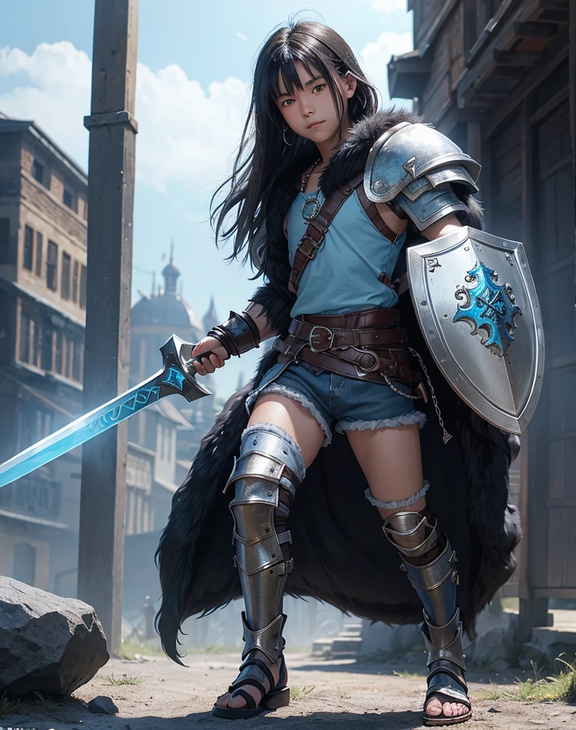 Young 13-year-old boy with black hair and brown eyes, innocent and happy, dressed in short neon-blue medieval barbarian clothes, fur shorts, light-blue battle armor, weilding silver sword and shield, sandals; fullbody; short hair, boyish athletic, sexy,