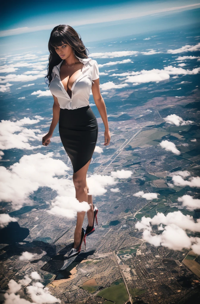 Beyonce, (masterpiece, best quality, best shadows, best shading, perfect hands, perfect face, cinematic lighting, colorful, ultra-detailed, beautiful photography, character focus, extremely-detailed, photorealistic, hyper photorealism, atmospheric), (rural destruction:1.2), (giantess, stereotypical office worker), (dirty, filthy, unwashed, sweaty, unkempt, angry, tired, exhausted, annoyed), (walking, mid stride, stepping down on, stomping, crush, rampage), (black patent Louboutin pointed toe pumps, high heels, stiletto heels), ((revealing crisp white blouse, short black pencil skirt)), (long straight hair with front bangs), (high altitude photography, satellite view), (exposed cleavage, heaving bosom, legs), (urban sprawl, farmland and small towns, destruction, buildings, roads), (cloudy, overcast, clouds and atmosphere partly obscuring the subject, hazy atmosphere, haze in foreground, wispy clouds)