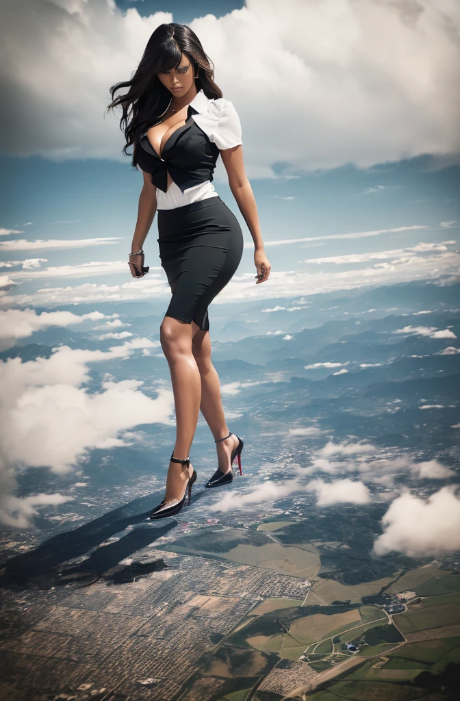 Beyonce, (masterpiece, best quality, best shadows, best shading, perfect hands, perfect face, cinematic lighting, colorful, ultra-detailed, beautiful photography, character focus, extremely-detailed, photorealistic, hyper photorealism, atmospheric), (rural destruction:1.2), (giantess, stereotypical office worker), (dirty, filthy, unwashed, sweaty, unkempt, angry, tired, exhausted, annoyed), (walking, mid stride, stepping down on, stomping, crush, rampage), (black patent Louboutin pointed toe pumps, high heels, stiletto heels), ((revealing crisp white blouse, short black pencil skirt)), (long straight hair with front bangs), (high altitude photography, satellite view), (exposed cleavage, heaving bosom, legs), (urban sprawl, farmland and small towns, destruction, buildings, roads), (cloudy, overcast, clouds and atmosphere partly obscuring the subject, hazy atmosphere, haze in foreground, wispy clouds)