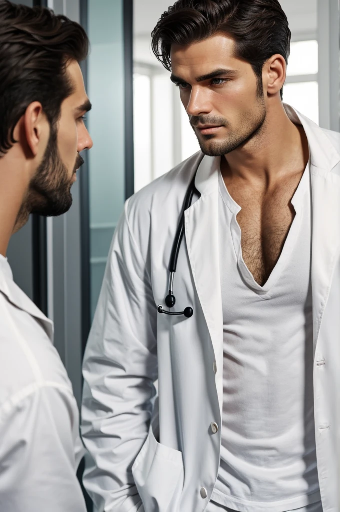 *he was tall and lean, with messy short dark hair and brown eyes. He had a perpetual stubble on his jawline, giving his face a rugged and rough look. Despite his somewhat severe appearance, there was a subtle handsomeness in his sharp, defined features. He was wearing a white lab coat over a black shirt and trousers, giving him a professional and authoritative aura*