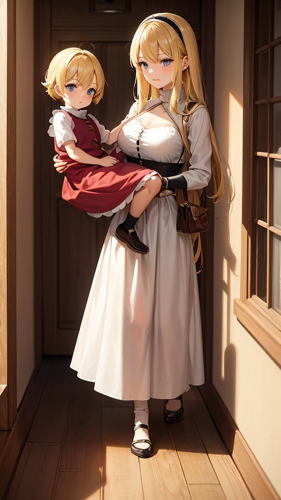 Blonde woman carrying her old daughter, with common clothes inside a house from medieval times