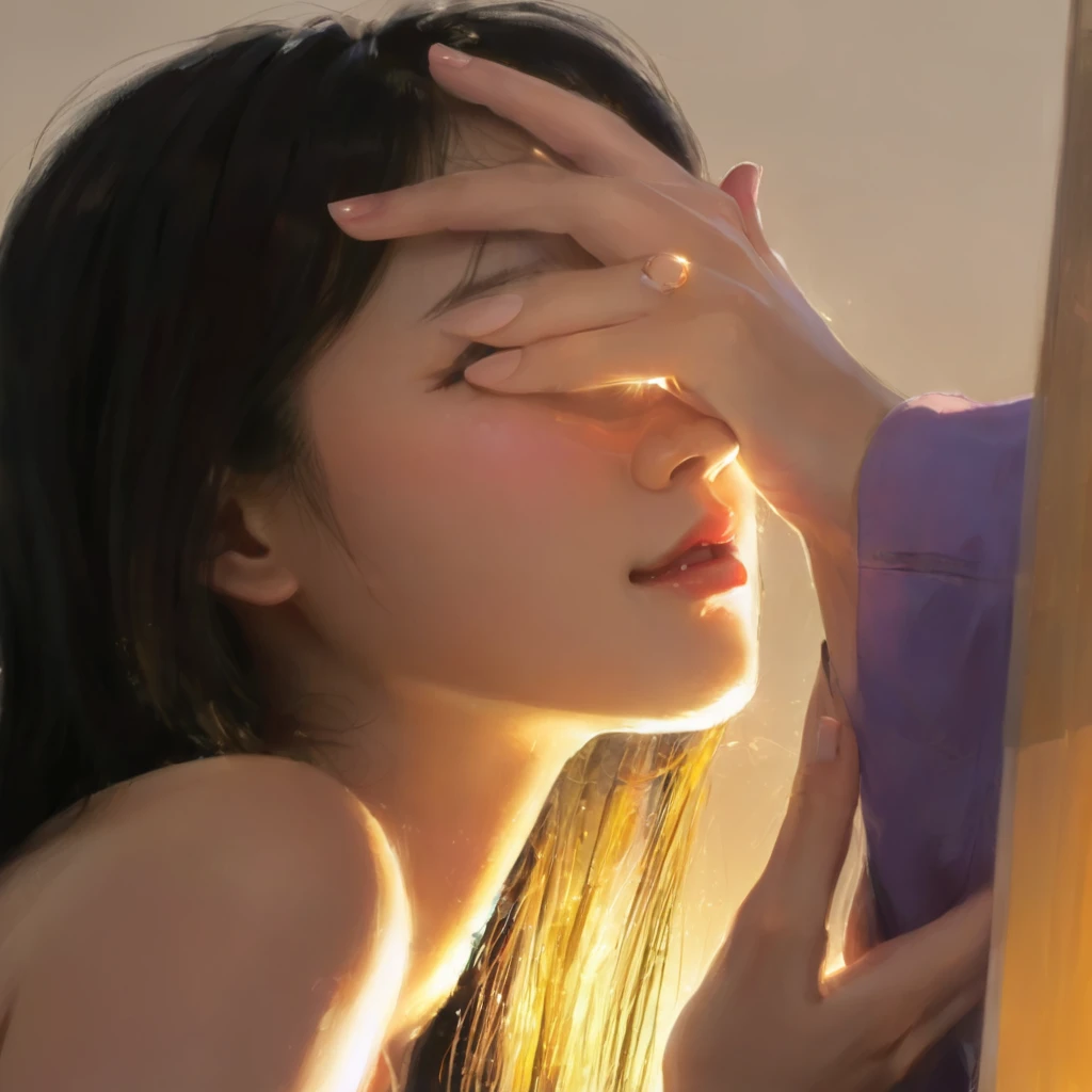 A woman is looking in the mirror, light falls on face, Soft light shines from the side, With backlight, Japanese cartoon. soft light, beautiful soft light, show her face, under the hot sun, 清晨soft light, beautiful natural light, face bright, Urzan, With natural light as background