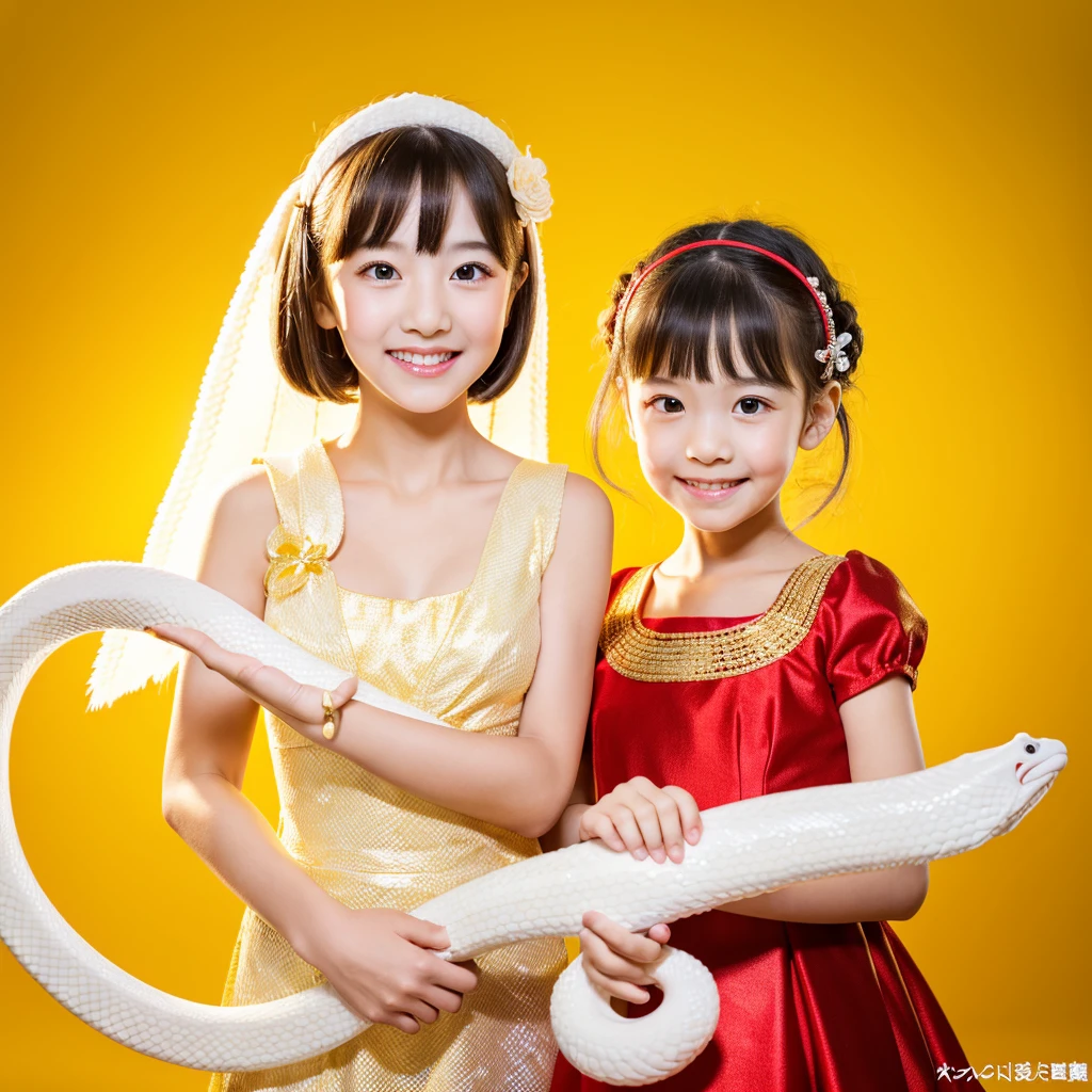 Looking straight ahead and smiling, Holding a large white snake in both hands, Gold Background, Ultra HD、128k、Masterpiece、A kindergarten girl、Five-year-olds, clavicle, RAW Photo、Big-eyed girl in a red dress、Long face, Professional Lighting、Japanese anime style,
