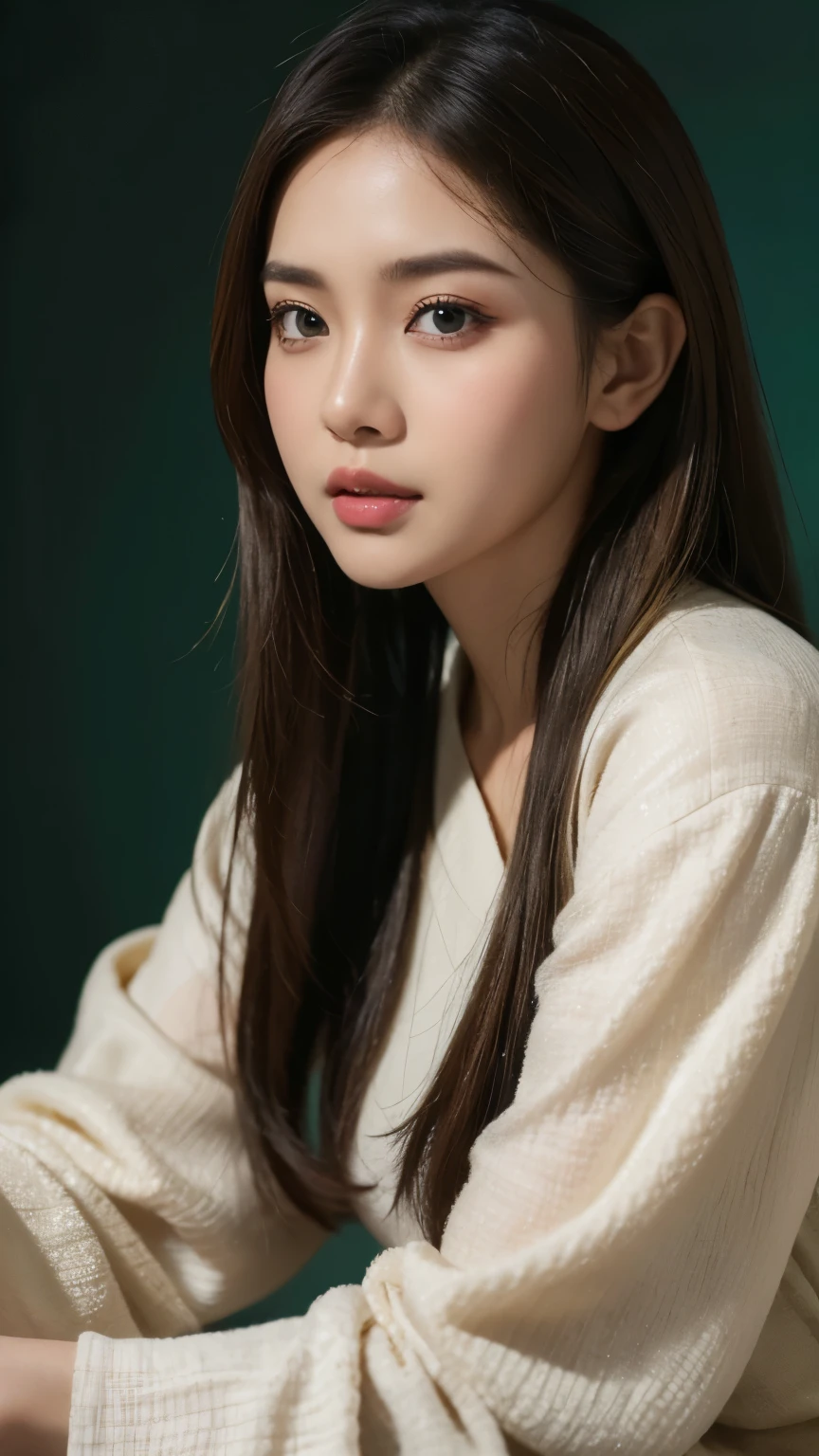 (best quality,4k,8k,highres,masterpiece:1.2),ultra-detailed,(realistic,photorealistic,photo-realistic:1.37),beautiful detailed eyes,beautiful detailed lips,green eyes,photography,professional,vivid colors,portrait,brunette hair, long flowing hair, fashionable outfit,28 years old, navy blue indoor background, artistic composition,soft lighting,medium:oil painting, wear kebaya, closed mouth, no teeth showing
