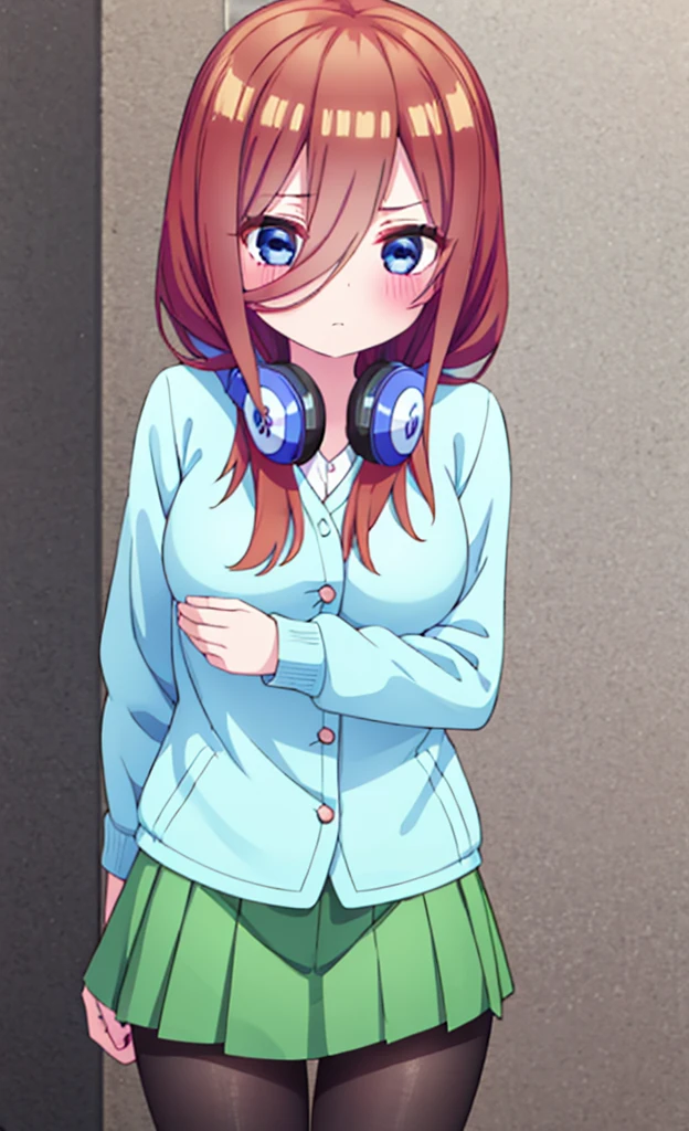 masterpiece,Highest quality,1 Girl,alone,blush with embarrassment,Pokémon-like art style,(bold:1.6),(flat:1.5), miku nakano, LONG HAIR, bangs, blue eyes, BROWN HAIR, SHIRT, HAIR BETWEEN EYES, HEADPHONES, HEADPHONES AROUND NECK,
SKIRT, SHIRT, LONG SLEEVES, WHITE SHIRT, PANTYHOSE, PLEATED SKIRT, BLACK PANTYHOSE, cardigan, GREEN SKIRT, BLUE cardigan, Big Breasts, Massage the breasts
