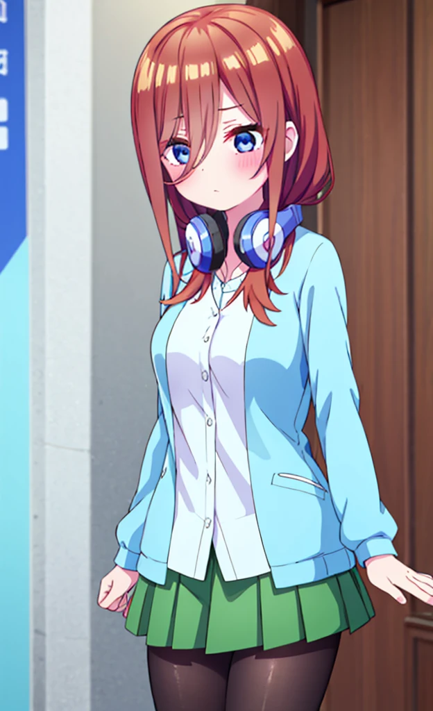 masterpiece,Highest quality,1 Girl,alone,blush with embarrassment,Pokémon-like art style,(bold:1.6),(flat:1.5), miku nakano, LONG HAIR, bangs, blue eyes, BROWN HAIR, SHIRT, HAIR BETWEEN EYES, HEADPHONES, HEADPHONES AROUND NECK,
SKIRT, SHIRT, LONG SLEEVES, WHITE SHIRT, PANTYHOSE, PLEATED SKIRT, BLACK PANTYHOSE, cardigan, GREEN SKIRT, BLUE cardigan, Big Breasts, Massage the breasts