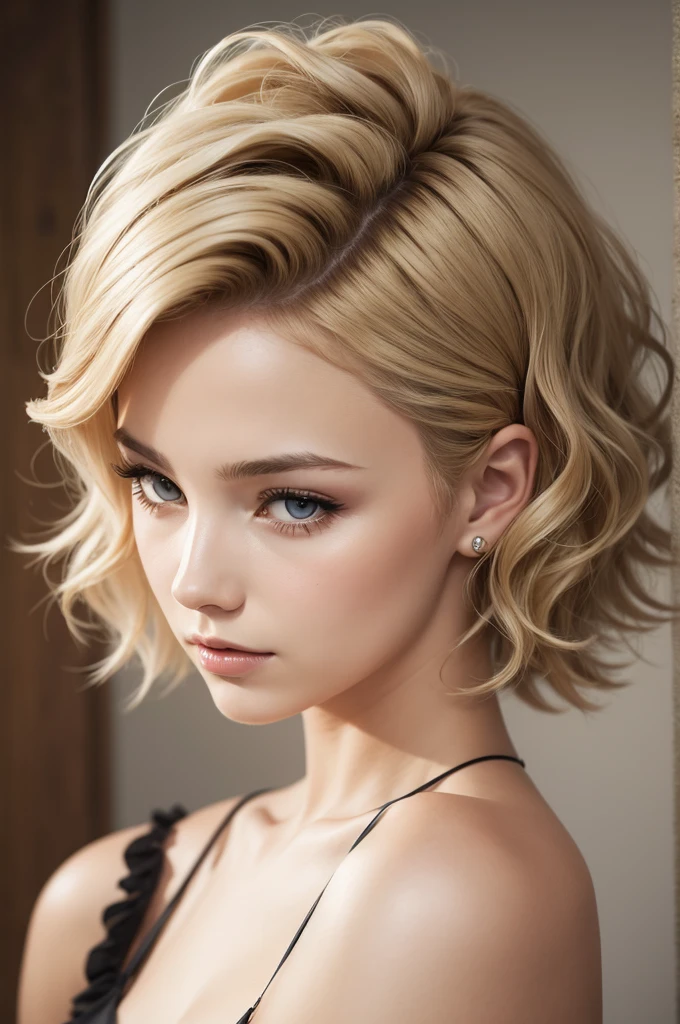 Woman with short wavy blonde hair stylized
