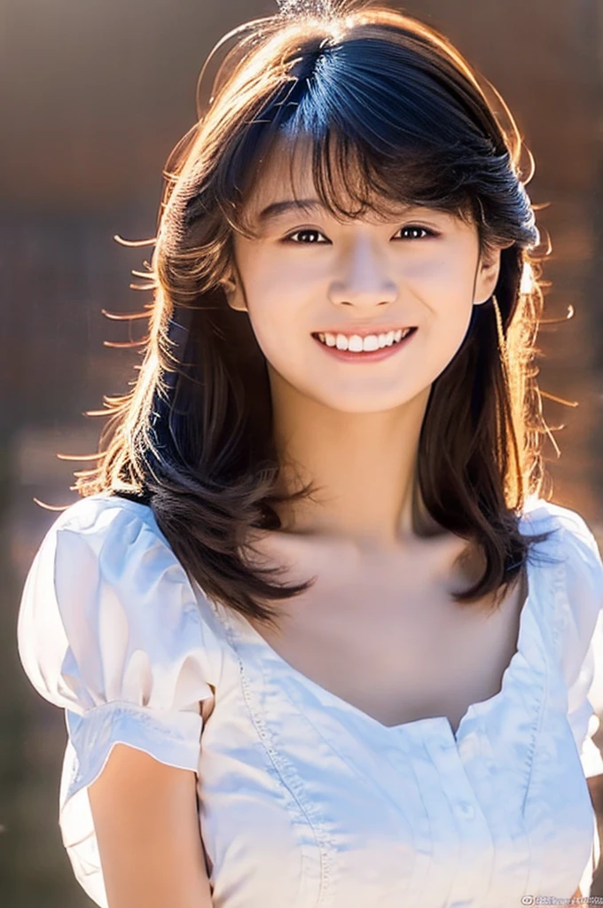 Akina Nakamori, 18 year old beautiful girl, Big eyes, Large breasts,  and slender, 8K, of the highest quality, (Highly detailed head: 1.0), (Very detailed face: 1.0), (very detail hair: 1.0), maid clothes, high detailed official artwork, anime moe art style, clean detailed anime art, Smile, Golden hair, Smooth long hair