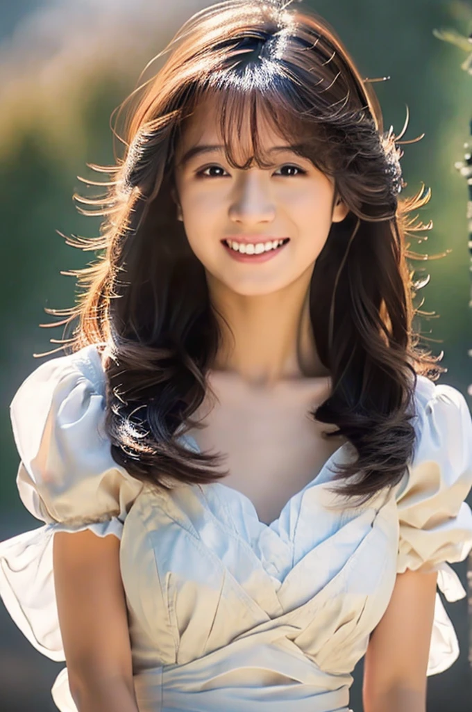Akina Nakamori, 18 year old beautiful girl, Big eyes, Large breasts, and slender, 8K, of the highest quality, (Highly detailed head: 1.0), (Very detailed face: 1.0), (very detail hair: 1.0), maid clothes, high detailed official artwork, anime moe art style, clean detailed anime art, Smile, Golden hair, Smooth long hair