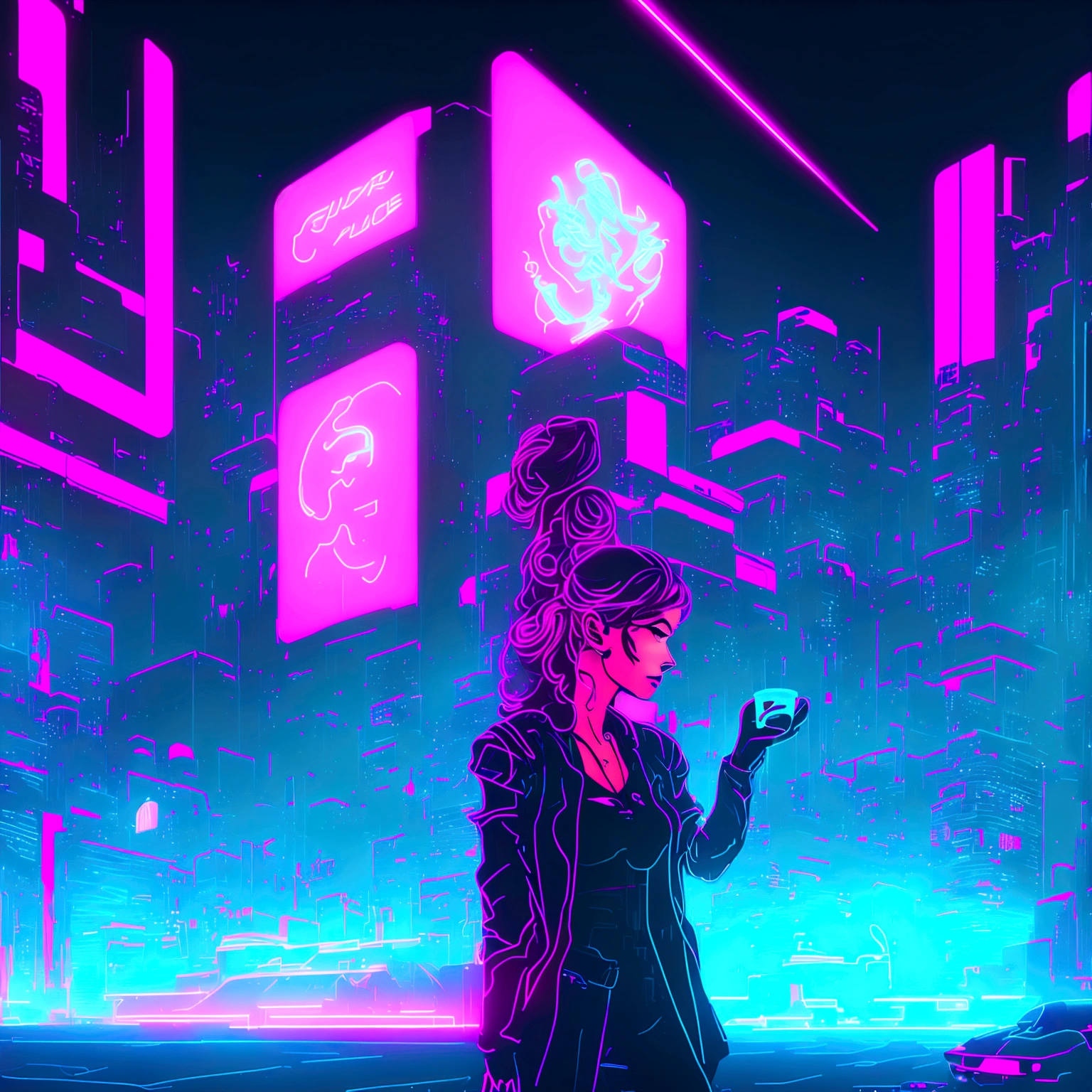 neon girl with a cup of coffee in her hands, cyberpunk art by Galen Dara, trending on cg society, process art, glowwave girl portrait, neon digital art, glowing neon, neon glow concept art, neon outline, neon outlines, neon art style, [ synthwave art style ]!! ]!!, synthwave art style ]!!