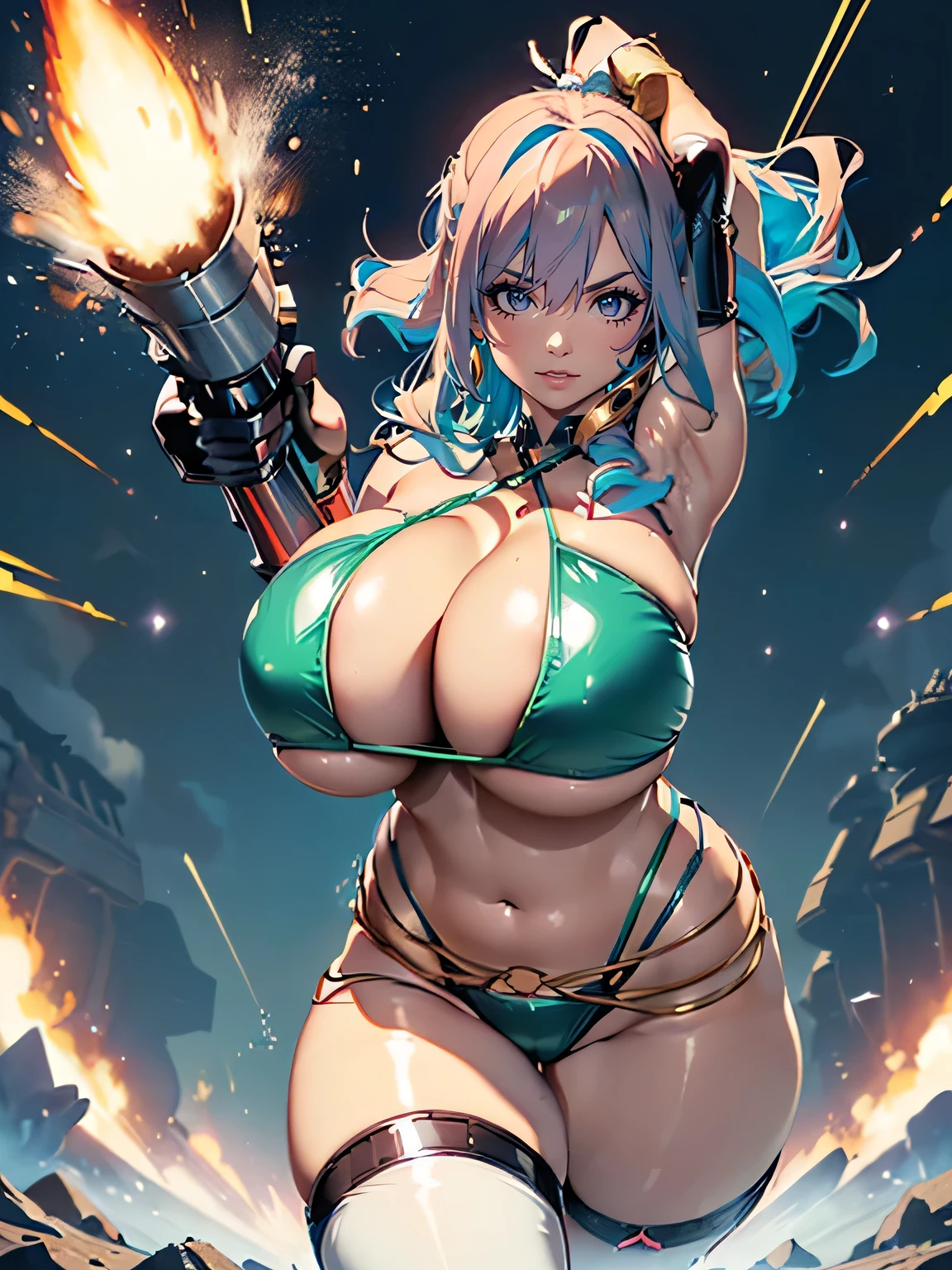 ((1. Female))、Ultra-detailed, Best image quality, Digital Illustration, Enchanting anime girl, Glossy and realistic skin texture、carefully drawn hair, Carefully drawn eyes, Sharp focus, Precision anatomy、Smooth texture、((Combat pose:1.5)), ((Combat Stance))、((Equipped with a large heavy gun:1.6, Armament:1.3))、((Bazooka, Gatling Gun, Rocket Launcher))、((dynamism:1.3))、((Dynamic Angle:1.2))、((Hover Effects:1.4)), ((On the battlefield:1.2))、Captivating smile、((Latex Micro Bikini:1.3. Crop Top:1.3))、((No sleeve))、((Cleavage:1.3))、((Crop Top Belly Button))、((High leg:1.3))、((Huge breasts:1.3))、((Huge hips:1.3))、((Thick thighs))、Curvy、((clavicle))、((Camel Toe))