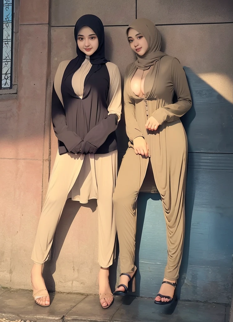 two woman standing next to each other(wearingVery modest dress that cover their body, wearingHijab that cover all their hair,Very large breasts that hidden under their modest dress, their hair become loose short hair that her hijab covers it,:1.2)