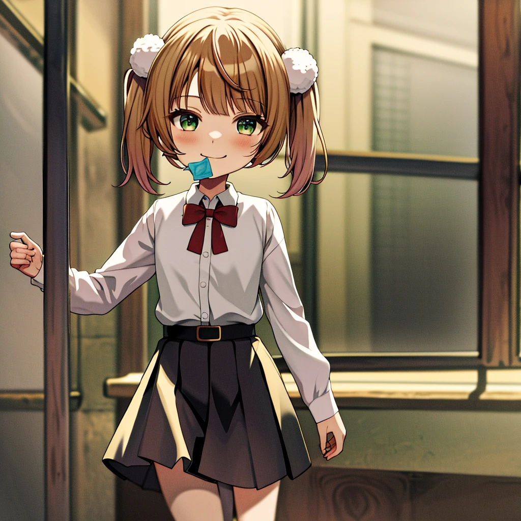masterpiece, Highest quality, High resolution, ui3, (Chibi/Lori)One girl, alone, Green Eyes, Pom-pom \(Clothes\), Apron dress, White shirt, White socks,Jumper skirt、 Long sleeve, Dilapidated, short hair, belt, Red bow tie, bangs, , 青いClothes, Collared shirt, Cowboy Shot、Condom in mouth、A defiant smile、Pitch-black alley