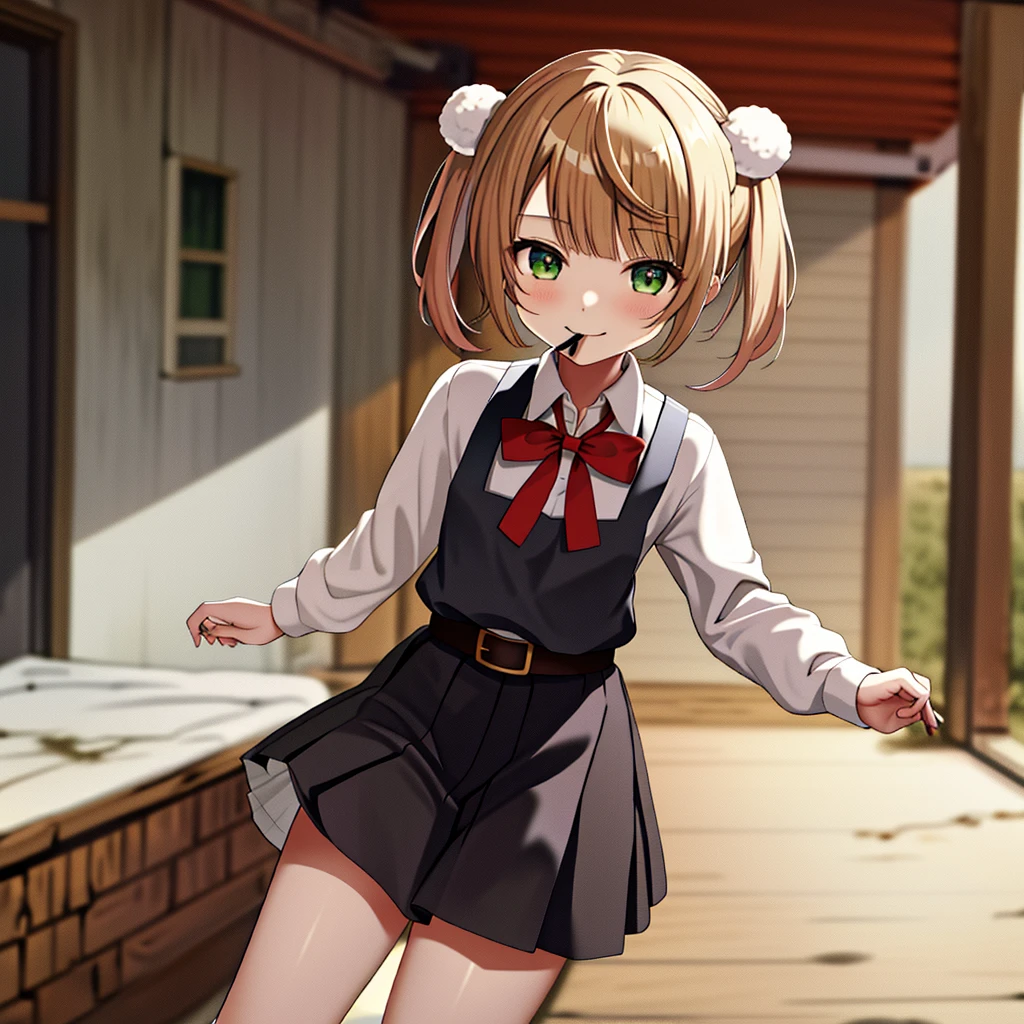 masterpiece, Highest quality, High resolution, ui3, (Chibi/Lori)One girl, alone, Green Eyes, Pom-pom \(Clothes\), Apron dress, White shirt, White socks,Jumper skirt、 Long sleeve, Dilapidated, short hair, belt, Red bow tie, bangs, , 青いClothes, Collared shirt, Cowboy Shot、Condom in mouth、A defiant smile、Pitch-black alley