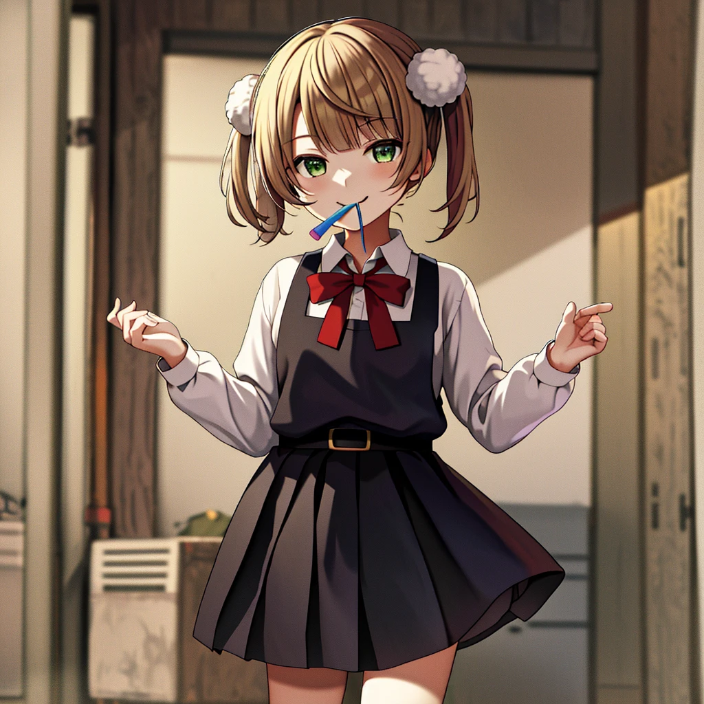 masterpiece, Highest quality, High resolution, ui3, (Chibi/Lori)One girl, alone, Green Eyes, Pom-pom \(Clothes\), Apron dress, White shirt, White socks,Jumper skirt、 Long sleeve, Dilapidated, short hair, belt, Red bow tie, bangs, , 青いClothes, Collared shirt, Cowboy Shot、Condom in mouth、A defiant smile、Pitch-black alley