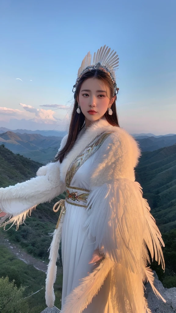 （lifelike， high resolution：1.3），The Windtalkers of the Valley：A woman wearing a robe decorated with white feathers，Ride a majestic mountain eagle，Soaring over the rolling valleys。She wears a headdress made of feathers and gems.，The vastness of the sky。An ancient cave on a cliff as the background，This adds a bit of palace mystery to the scene.。The wind from the valley brings fresh air，The light between the mountains draws a magnificent skyline in the sky.