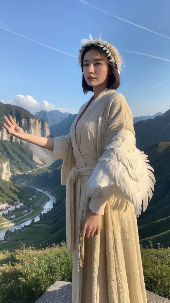 (lifelike, high resolution:1.3),The Windtalkers of the Valley:A woman wearing a robe decorated with white feathers,Ride a majestic mountain eagle,Soaring over the rolling valleys。She wears a headdress made of feathers and gems.,The vastness of the sky。An ancient cave on a cliff as the background,This adds a bit of palace mystery to the scene.。The wind from the valley brings fresh air,The light between the mountains draws a magnificent skyline in the sky.