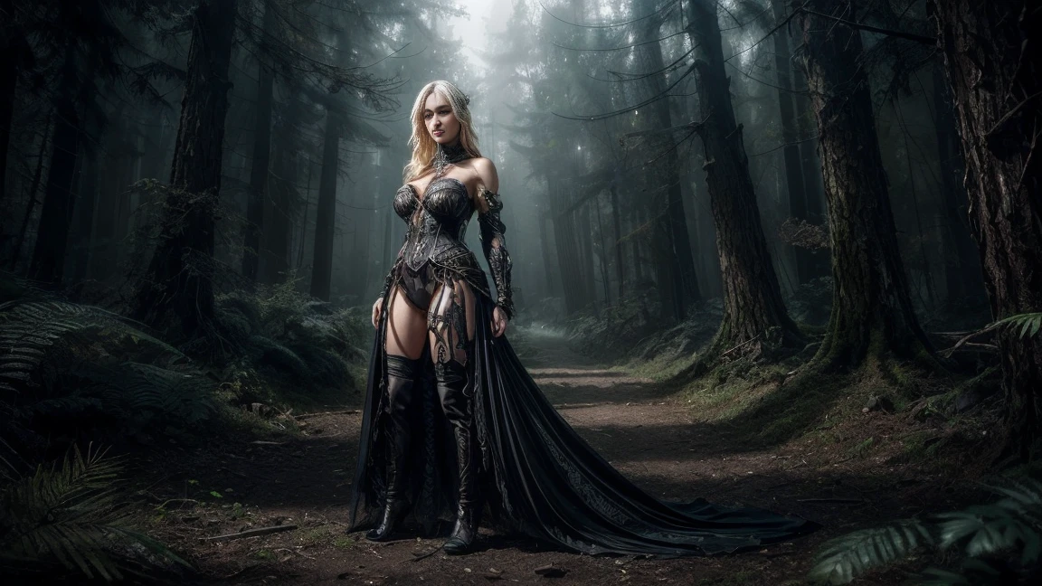 Create the fullbody cyborg image of a portlate, cosplay, Blonde Hair, steampunk, cyberpunk, noble and elegant girl, Beautiful alluring colorless eyes, A Cyborg Female with a refined and elegant appearance, she has a lot of time, Loose hair and angular features, her skin should be pale and flawless, With a touch of potus transcendental beauty, her eyes should be deep and seductive, With a predatory glow, An allusion to their insatiable bloodlust, (They have to wear sheer erotic clothes, That are transparent, modern and timeless), Her style refers to the long history of human life, When she wakes up from a deep sleep, she Should Exercise Calm Confidence, Exudes an aura of danger and intrigue, Cinematic, gothic art style, Ultra-realistic realism, Psychedelic surrealist art, Surreal psychedelic design, Dreaming style, psychedelic art, Quality Quantity, skin texture, intricate details, (cinematic graphic lighting), RAW, 8K, Forest Environment, Stormy Clouds in the Sky, Creature Shadows inside the Forest