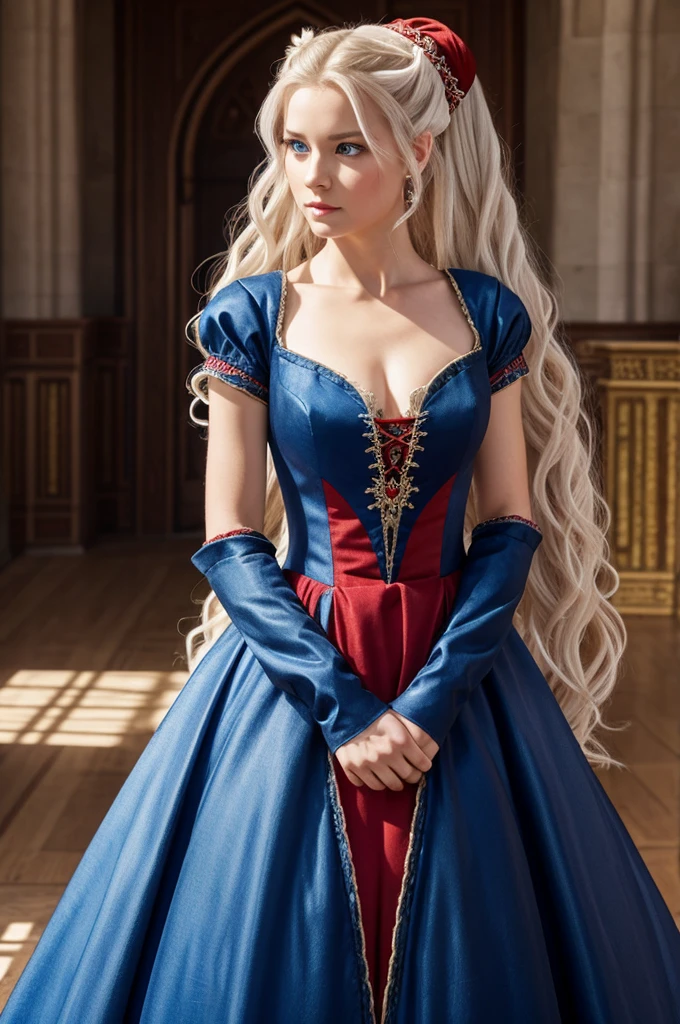 semi-realistic, royal girl with blue eyes , that she has three dragons behind her ,white wavy hair with a half bun , black and red medieval dress 