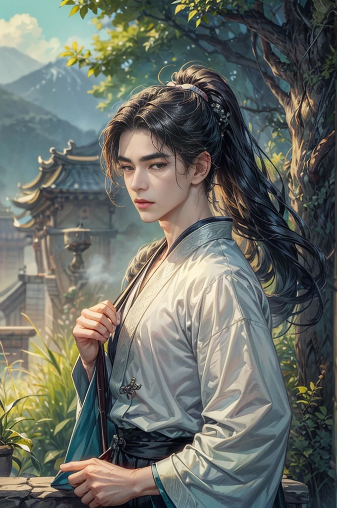 ((Best quality)), ((masterpiece)), (detailed), ((perfect face)), ((halfbody)) pretty face, male,  boy,  perfect proportions , a character from anime , long black hair, male version , detailed background, ，High ponytail，Wear a Hanfu robe，A close-up of a man in a robe and tie, Cai Xukun, Inspired by Zhang Han, xianxia hero, inspired by Wu Daozi, Inspired by Seki Dosheng, young wan angel, tian zi, drak, Xianxia, heise jinyao, Inspired by Zhao Yuan, Li Zixin, xintong chen