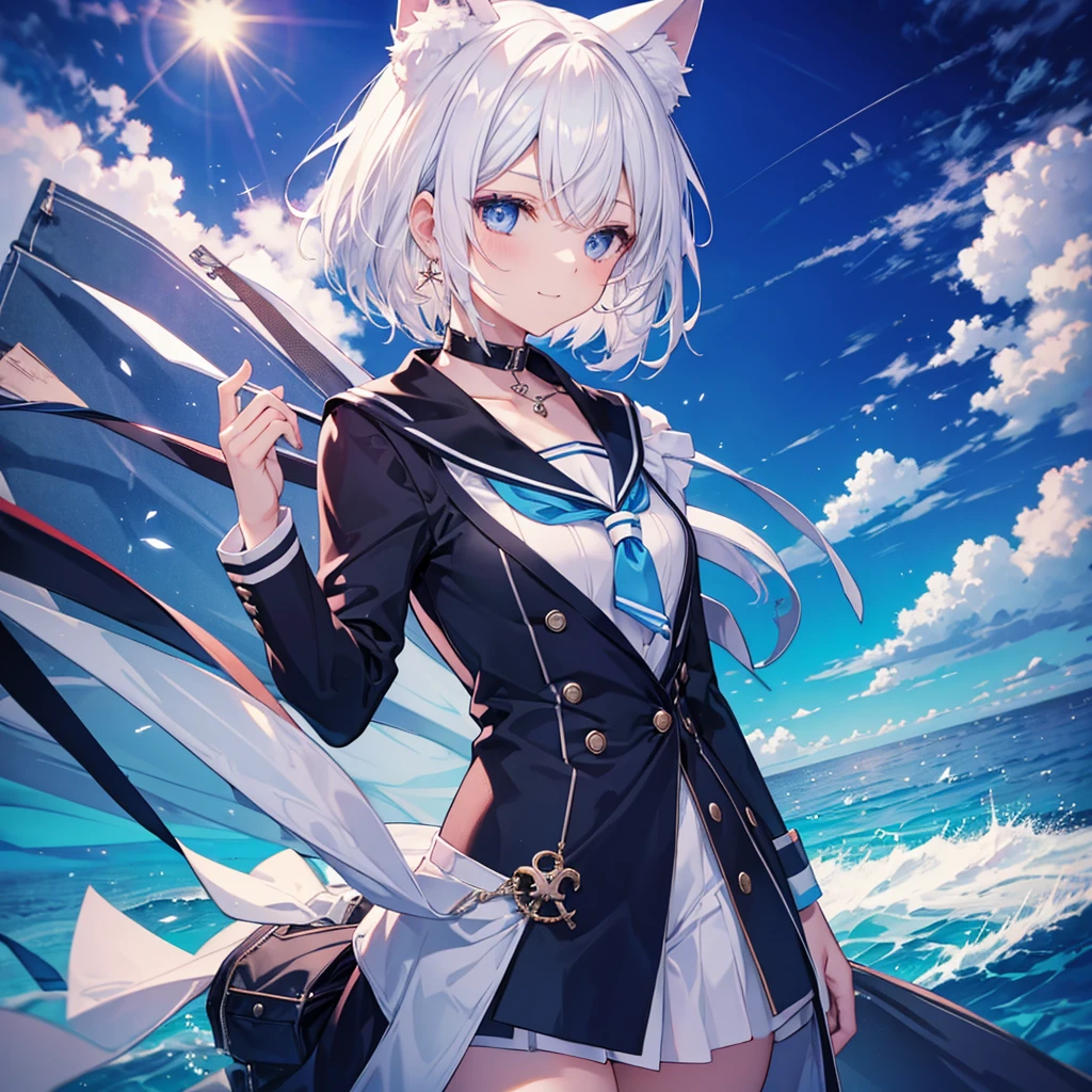 White Hair blue eyes short hair Have student Cat ear nice Blue Earrings necklace gloves beauty thin Sailor suit Put on a black coat Fantasy smile coastal sunset Fluffy hair
